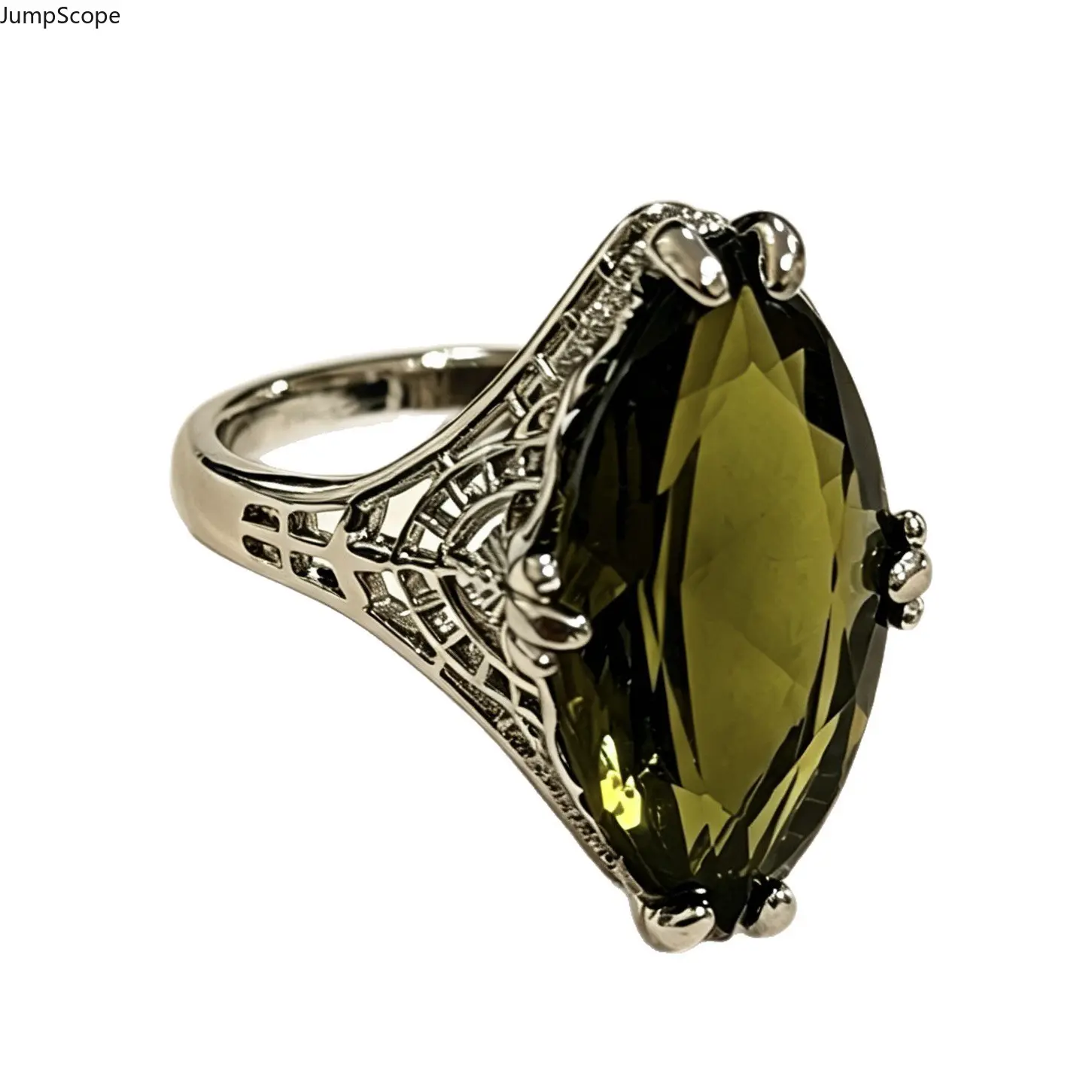 Hollow Filigree Statement Ring for Women, Vintage Edwardian Design with a Marquise Cut Peridot Tone Gem, Mdf+Steel, Sentimental Gift, Female, Elegant