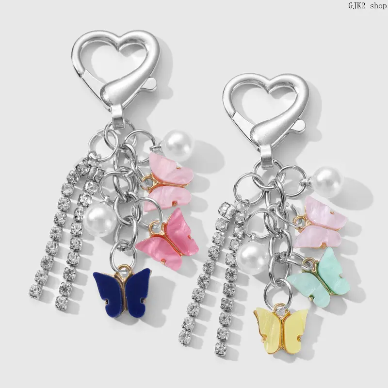 Butterfly Motif Bag Charm Keychain - Rhinestone, Acrylic Beads, Tassel, Pearl, Heart Clip for Daily Wear Fashion Accessory, Coquette Look