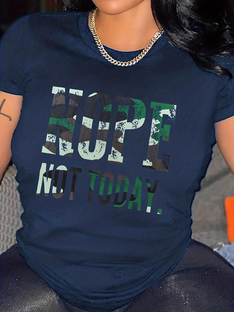 Women's Letter & Camo Print Round Neck Tee, Trendy Casual Graphic Short Sleeve T-Shirt for Daily Wear, Ladies Summer Outfit