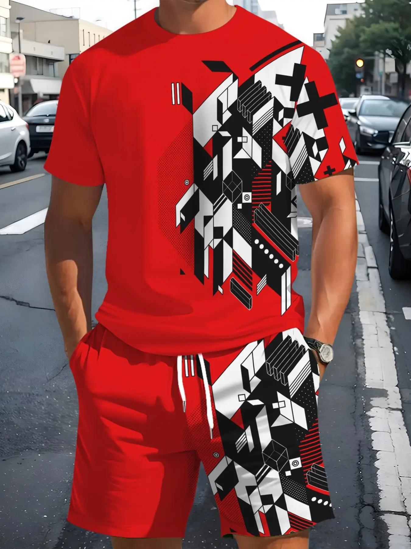 Men's 2-Piece Tech Style Printed Tee + Drawstring Shorts Set, Futuristic Casual Sportswear, Trendy Leisure Sports