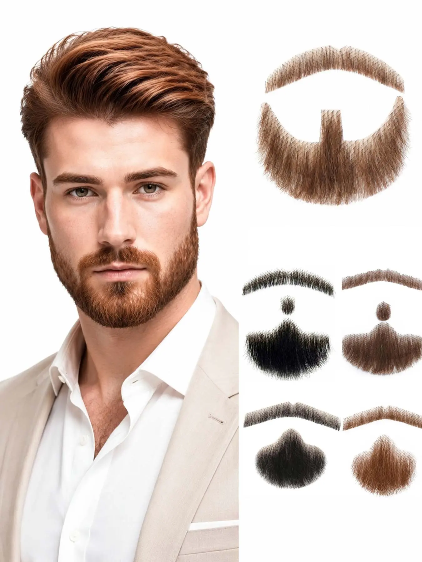 Fake Beard Realistic Mustache Full Hand Tied Goatee Facial Hair Adults Men Makeup Lace Invisible False Beards for Daily Life Cosplay, Theater, Film Dressing Men Makeup- Full Set(Black,Brown)