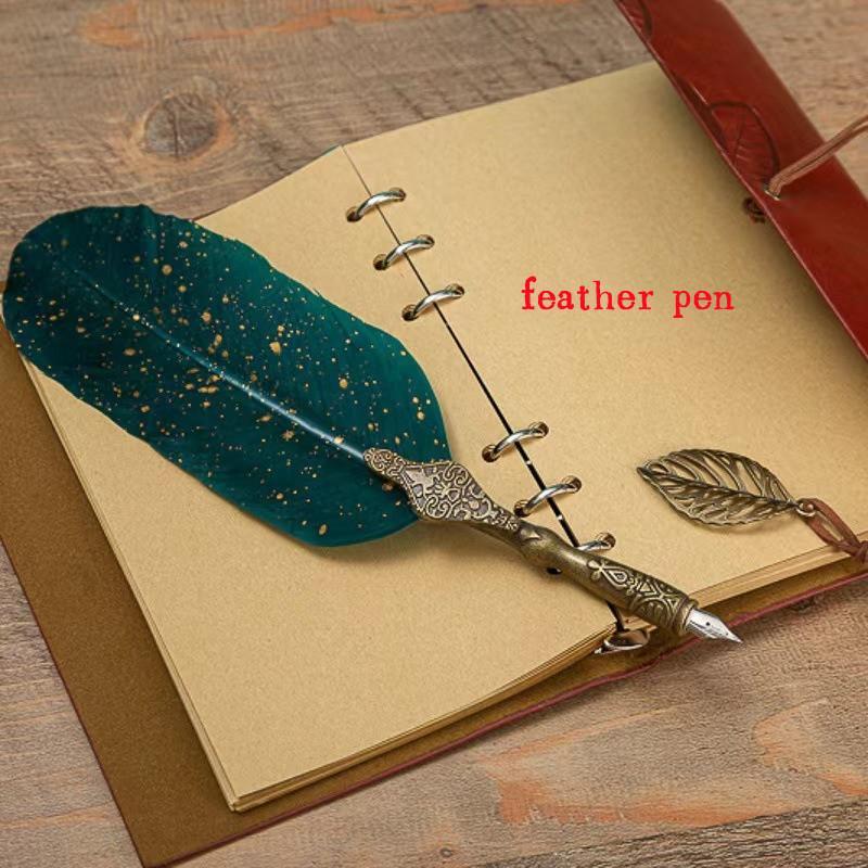 Creative Feather Design Pen Set, 1 Set Vintage Style Feather Design Pen & Note Book Set, Gift for Family & Friends & Teacher, Travel Diary Notebook