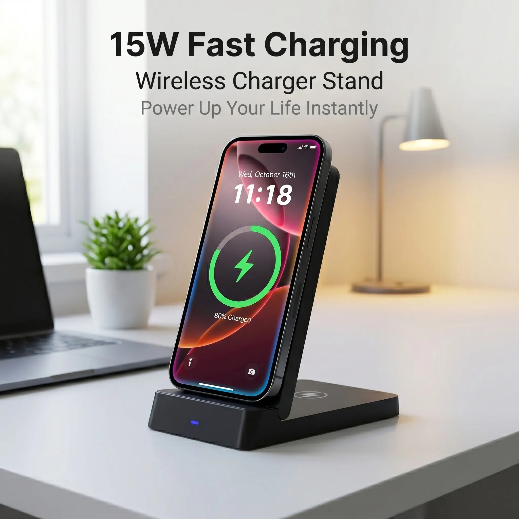 Foldable Wireless Charger Stand, 180° Adjustable, Works With Phone Case, 15W Fast Charging, Compatible with iPhone 13/14/15/16/17 Samsung S23/S24, Qi Enabled Phones