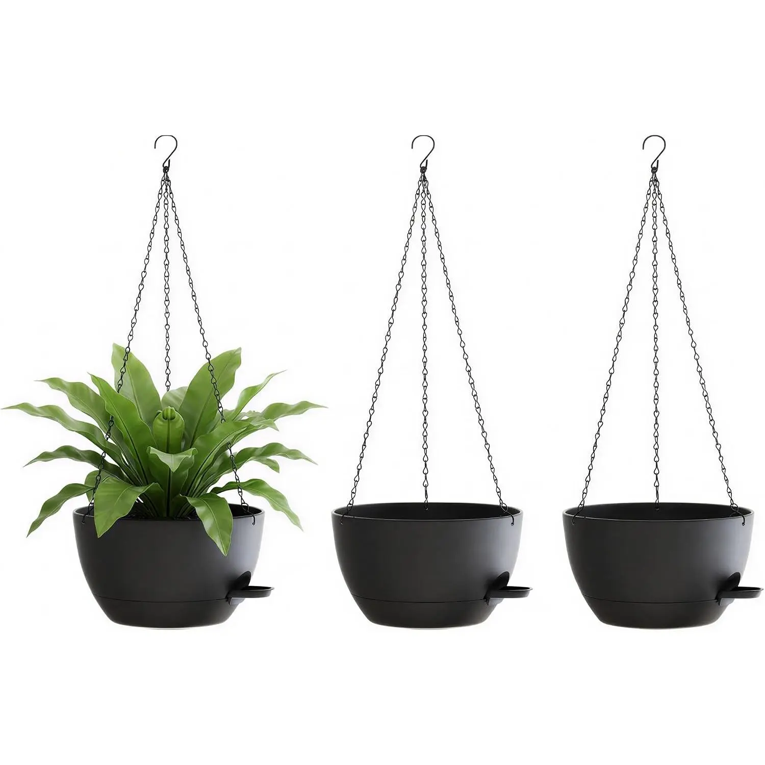Hanging Planters, 3-Pack 10 Inch Self-Watering Pots with Drainage Holes and Chains, Matte Plastic Planters for Indoor/Outdoor Plant（Black）