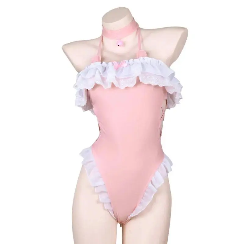 Anime Kawaii Girl Cute Cat Bodysuit Swimsuit Costumes Women Sweet Pink Kitty One-piece Swimwear Uniform Outfit Cosplay