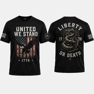 Men's Patriotic Graphic T Shirt, United We Stand Eagle Tee, Liberty or Death Snake Shirt, 1776 American Flag Short Sleeve Top, Military Green USA Independence Day Outfit, 4th of July Casual Summer Shirt, Vintage Freedom Gift for Men Adults Veteran  Produc