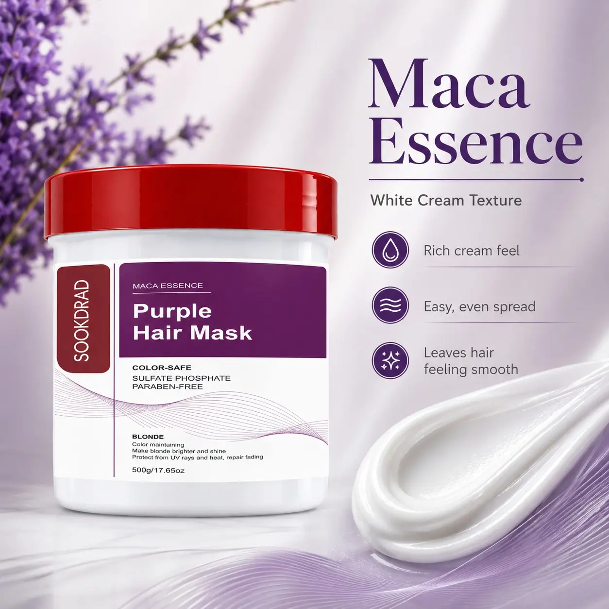Purple Hair Mask, Maca Essence, Color Safe, Sulfate Free, Phosphate Free, Paraben Free, For Blonde Hair, Color Maintaining, Brighten Shine, UV Protection, Heat Protection, 500g/17.65oz