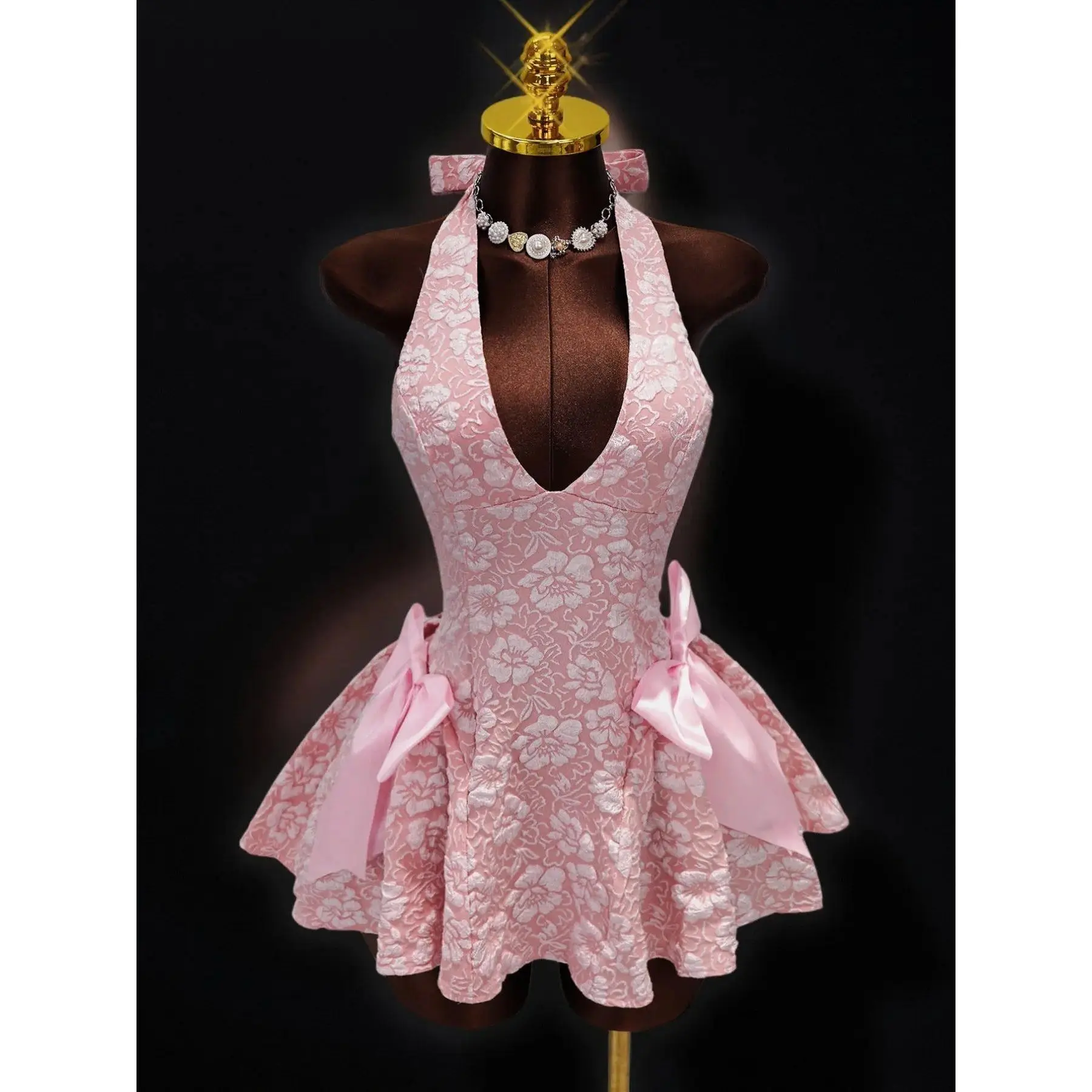 Women's Summer Floral Sakura Embossed Halter Neck Dress - A-Line Short Skirt, Side Large Bowknot, Chic Formal Dresses for Party, Bridesmaid/Valentine's Day Date Wear, Elegant Evening Wear