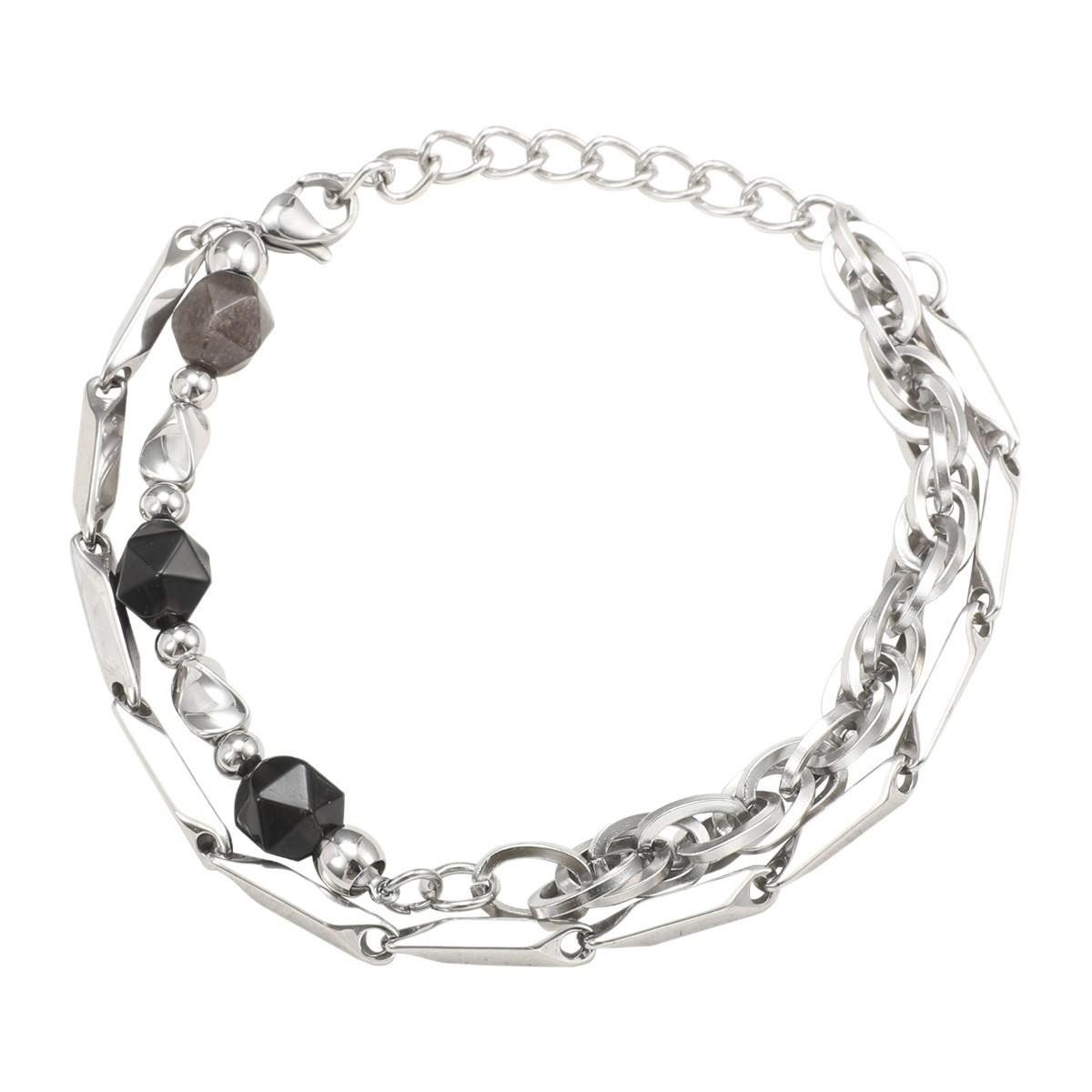 Obsidian & Titanium Steel Double Layer Bracelet |     Light Luxury Premium Men's Hand Jewelry, Unique Minimalist Style, Couple Bracelet