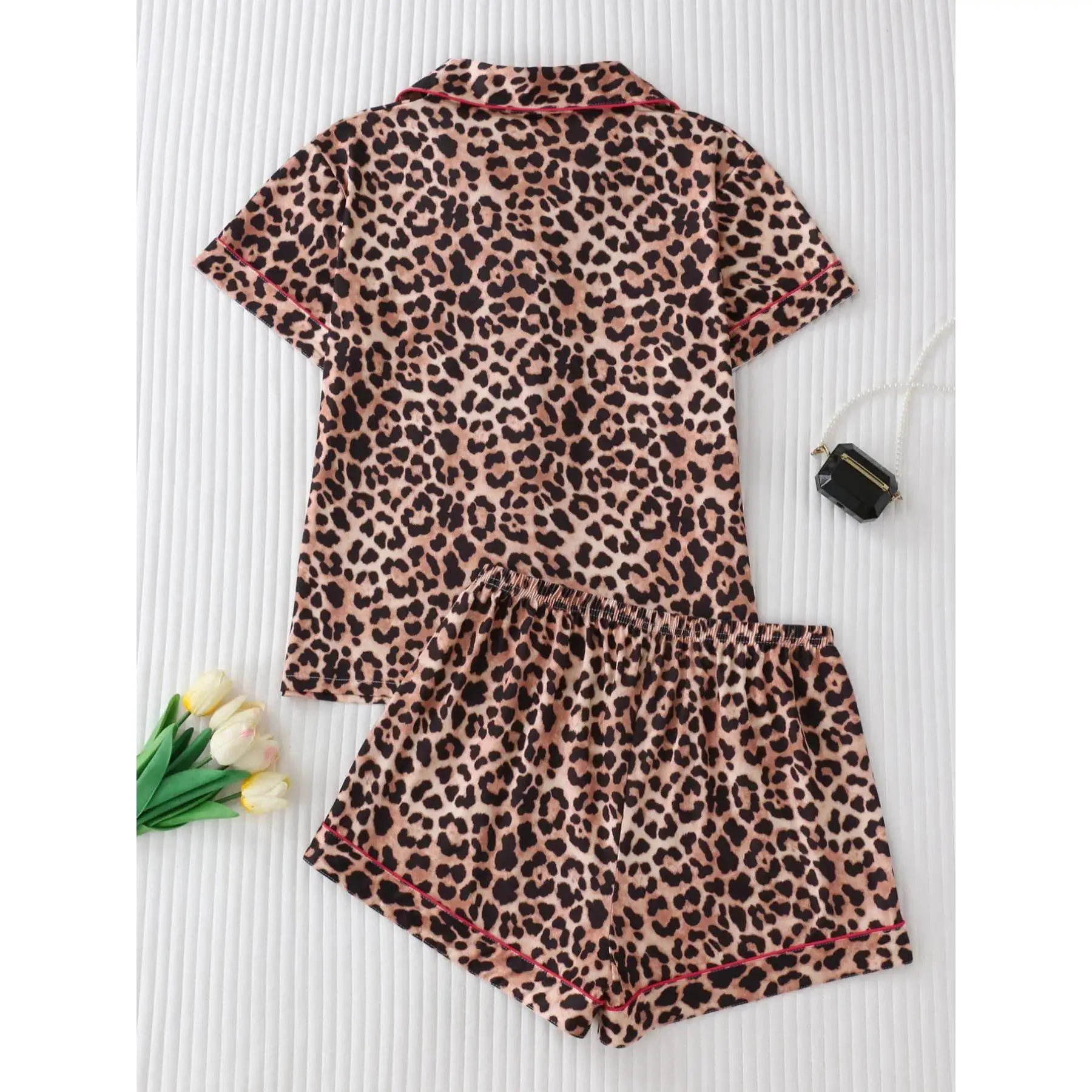 Women’s Leopard Print 2 Piece Pajama Set, Short Sleeve Button Up Lapel Top and Matching Shorts, Chic Summer Sleepwear Loungewear