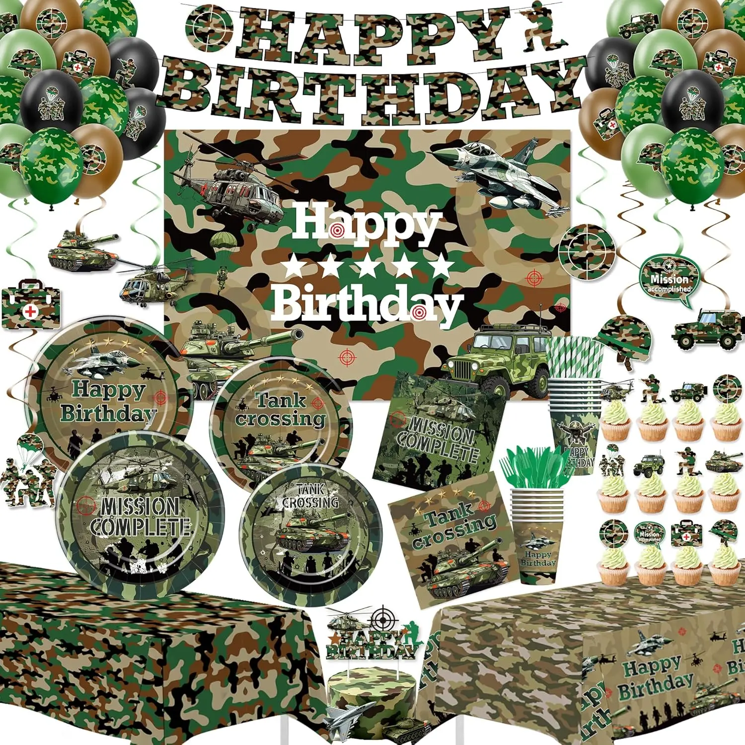 Camo Army Birthday Party Decorations, Camouflage Military Theme Birthday Party Supplies, Paper Plate, Cup, Napkin, Backdrop, Tablecloth, Banner, Balloons, Swirls, Topper, Cutlery, Serves 24