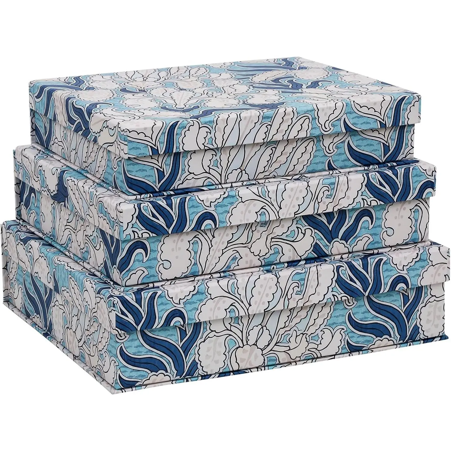 3- Decorative Storage Boxes with , Blue & White Art-Inspired Botanical , Sturdy Cardboard  Boxes, Stackable Memory Storage Boxes for  Decor & Shelving