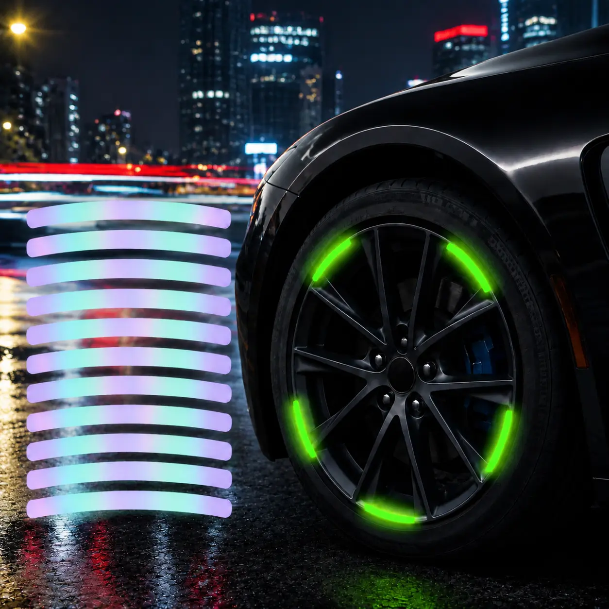 40Pcs Universal Flexible High-Vis Night-Glow Wheel Hub Reflective Sticker Set, Shock-Resistant Peel & Stick Tire Rim Tape Decals for Cars/Motorcycles Night Driving Safety, SUV Truck Exterior Accessories