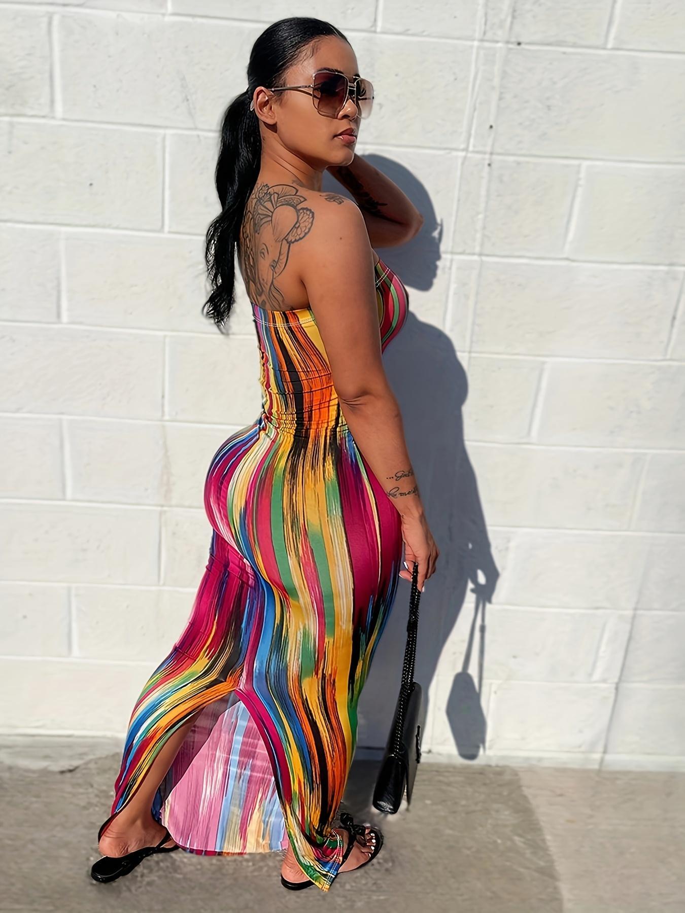 Women's All Over Print Backless Split Hem Bodycon Dress, Fashion Casual Elegant Sleeveless Bodycon Sleeveless Long Tube Dress for Summer, Women's Clothing for Club Party, Summer Outfits 2024 Valentine's Day, gift