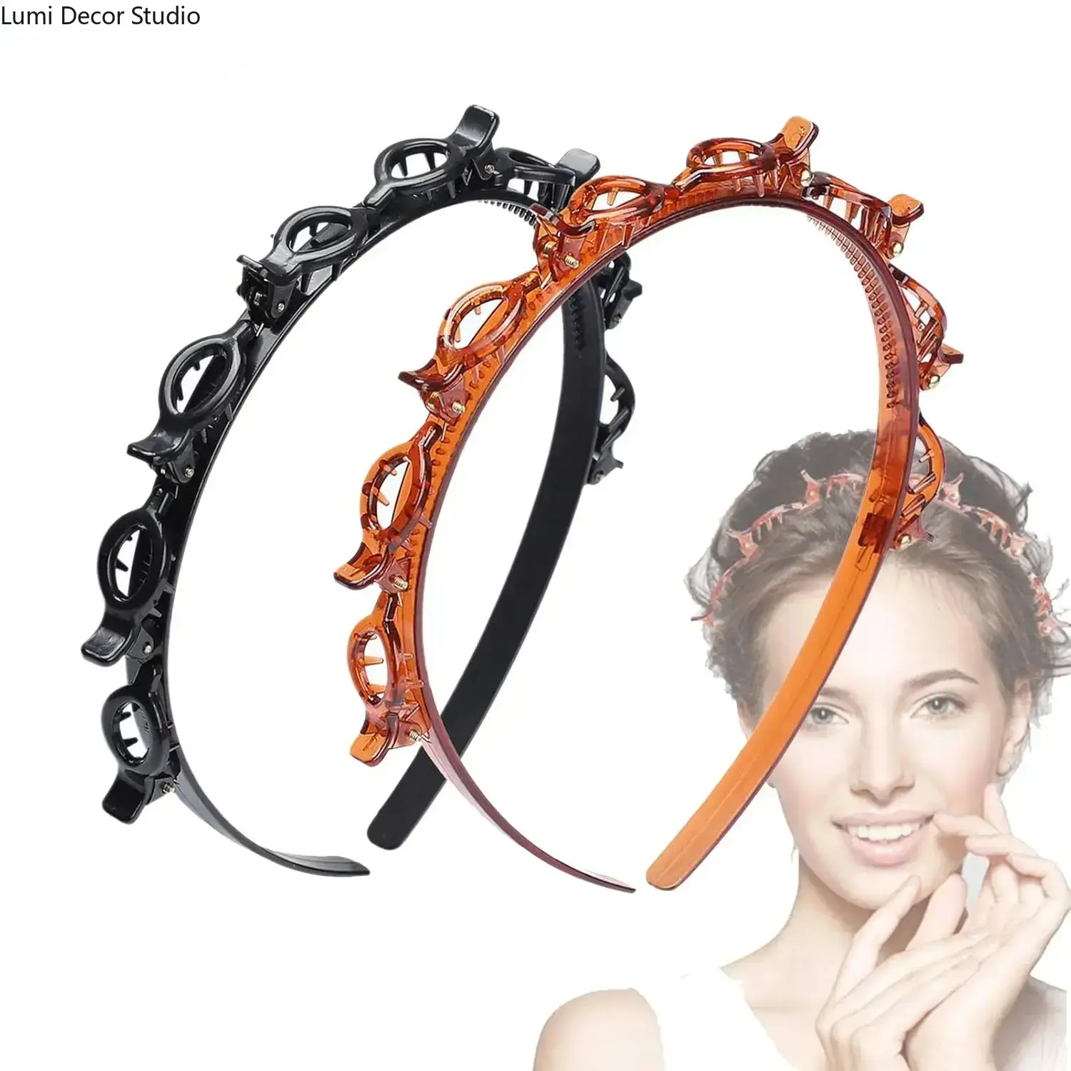 Wide Plastic Headbands - 2-Pack Minimalist Anti-Slip Hair Hoops with Built-In Styling Clip for Women’s All-Day Casual Wear, Headbands For Women, Synthetic, Built-In Clip, Women's Fashion