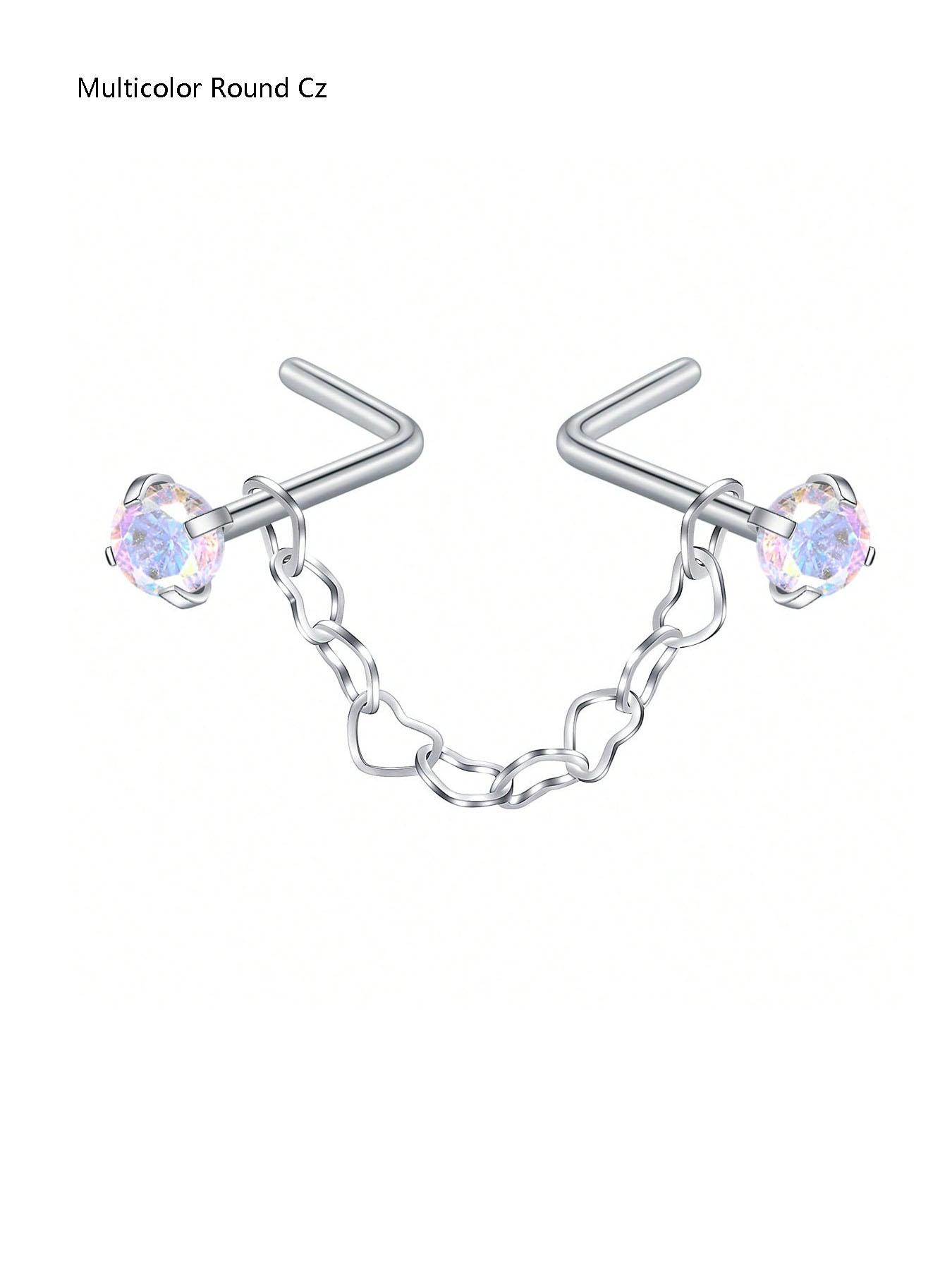 Fashion Stainless Steel Nose Ring with Chain, Cubic Zirconia Heart Design, Synthetic Zircon L-Shaped Piercing Jewelry