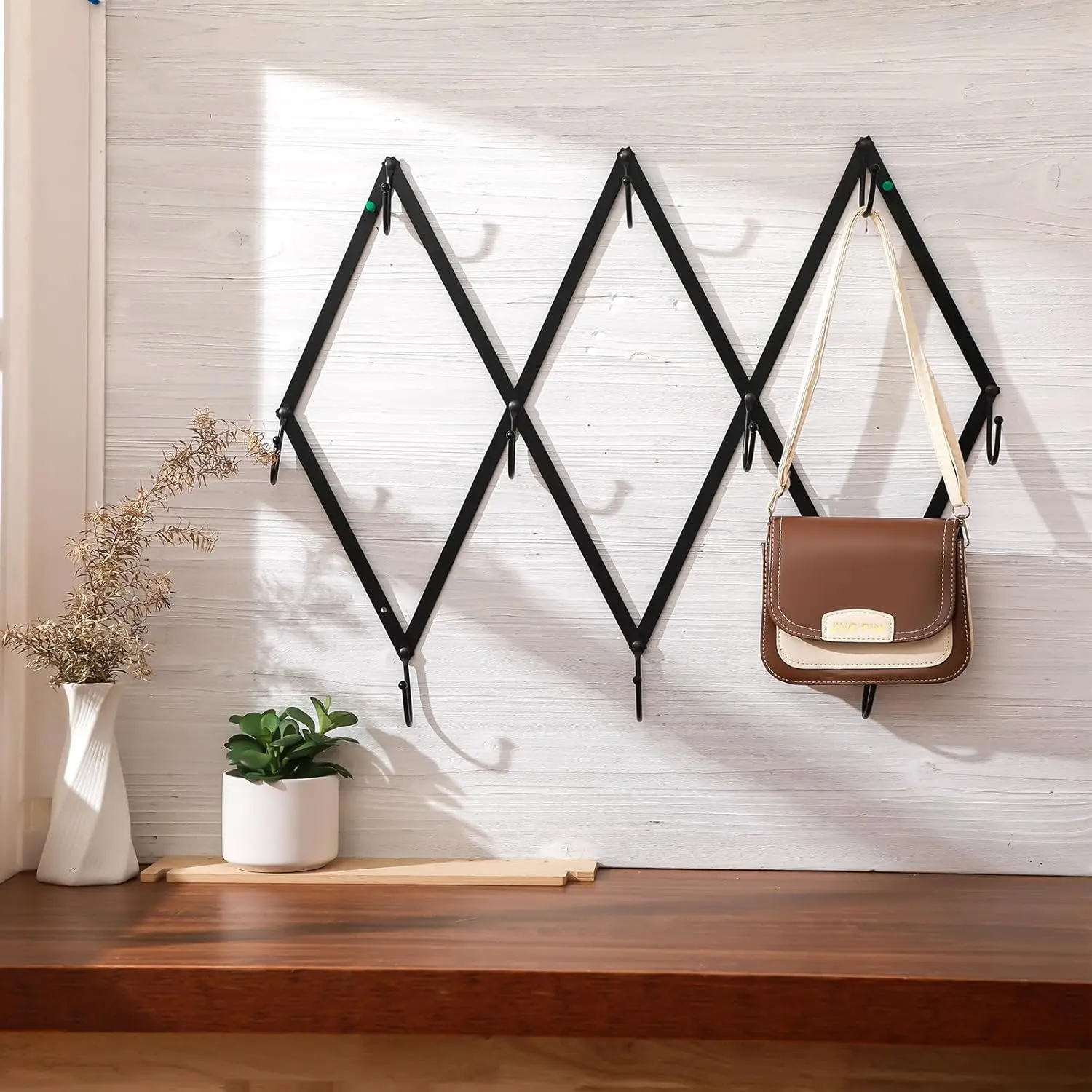 Kathfly Vintage Retractable Hand-Forged Metallic Accordion Wall Mount Rack with 10 Hooks - Folding Iron Hanger for Kitchen Towels, Hat/Bag Holders