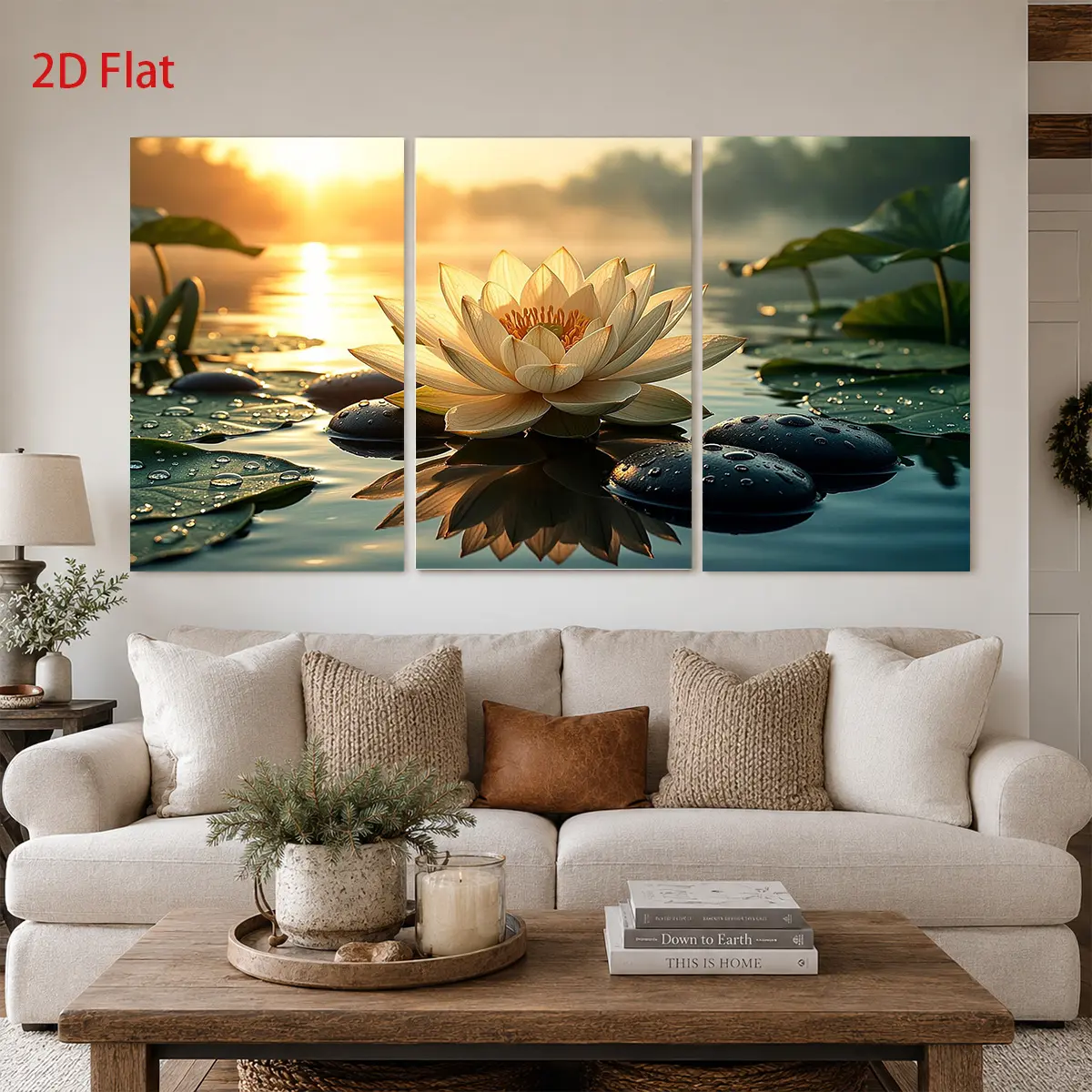 1pc 3-piece set of 2D/flat canvas paintings, featuring three panels displaying lotus flowers, lotus leaves, and a sunrise, themed canvas wall art, canvas prints, ready to hang, suitable for bedroom, living room, bathroom, bedroom decoration, indoor wall a