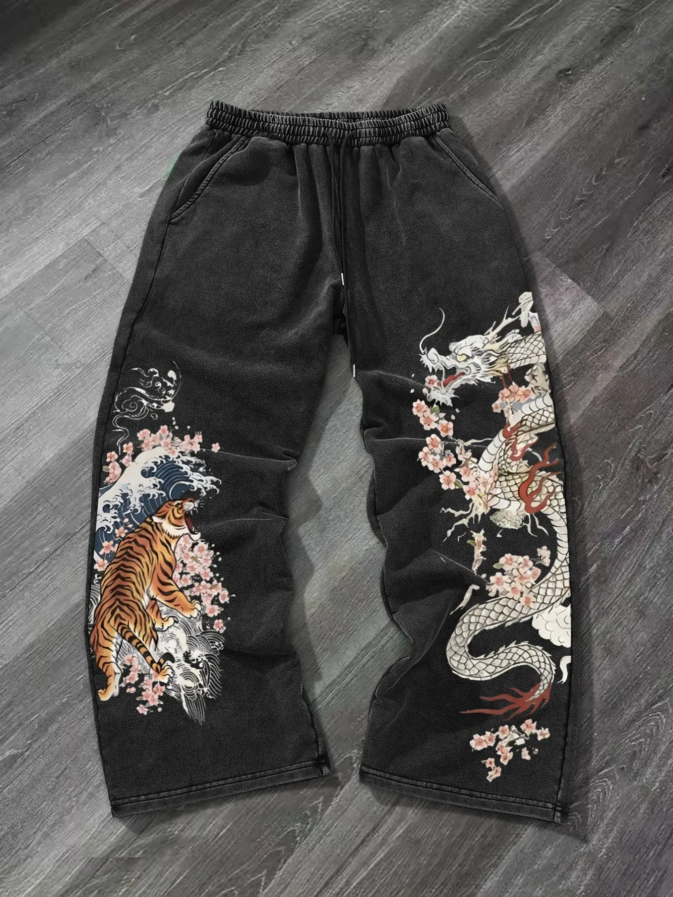 Vintage Stone Wash Cotton Sweatpants, Dragon Tiger Cherry Blossom Print, Loose-Fit Casual Pants, Fall & Winter Streetwear for Teens
