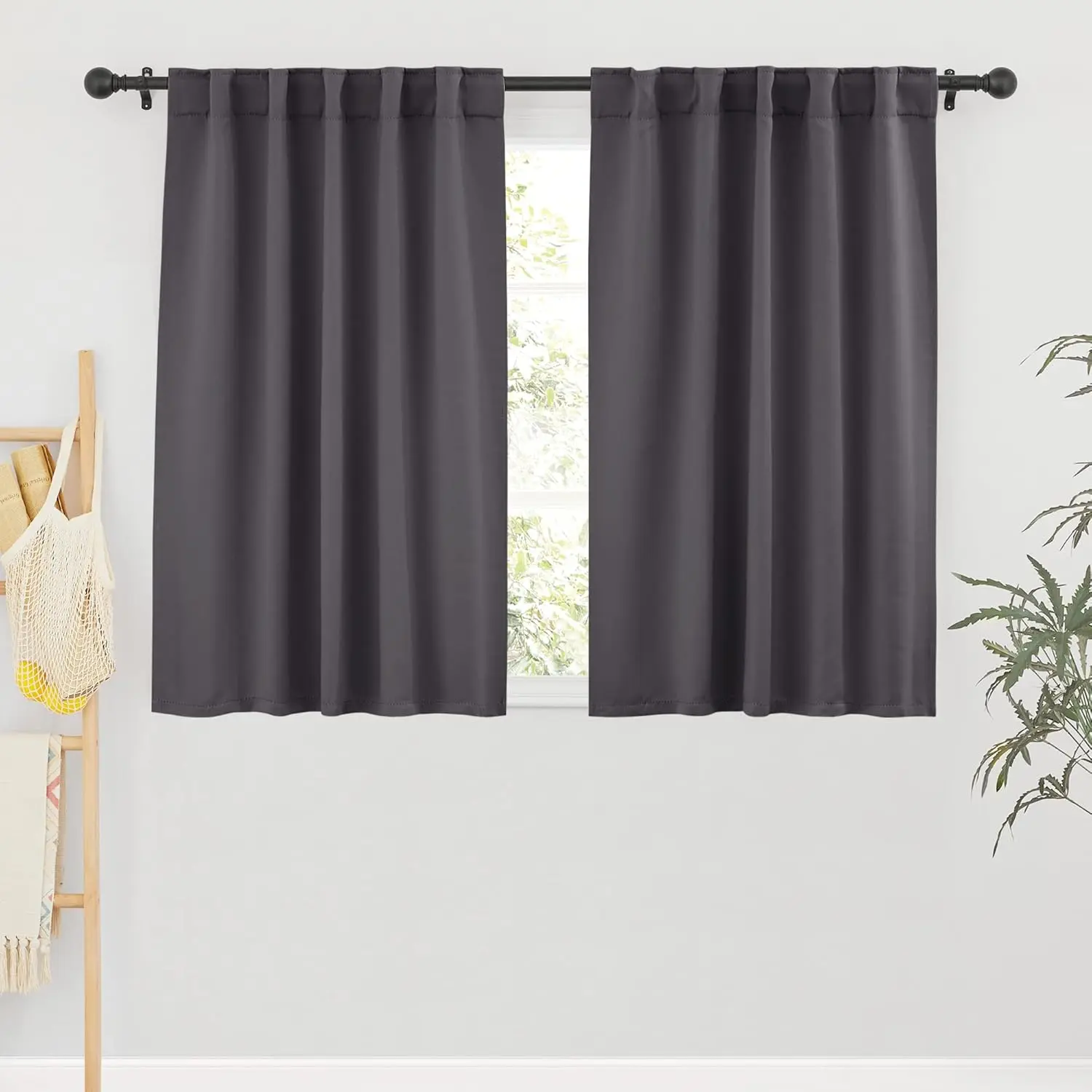Grey Solid Polyester Blackout Curtains for Bedroom Windows - Thermal Light-Blocking Back Tab Top Drape Panels, Wide 42" x Long 45", 1 Pair