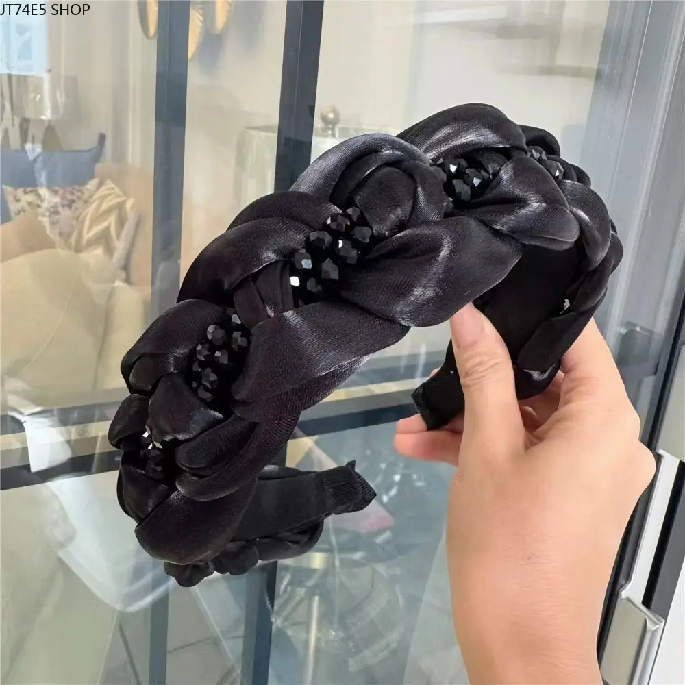 Elegant Black Organza Wide Headband with Woven Crystal Accents, High-End Padded Statement Hairpiece for Women