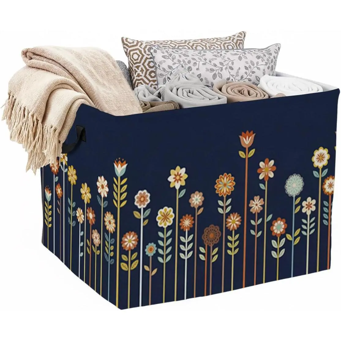 Flower Print Foldable Frame Laundry Hamper - 56L Large Clothes Sorter with Handles, Family Use Decorative Organizer for Closet, Bedroom Storage (Clothes, Toys, Blankets), Artistic Look