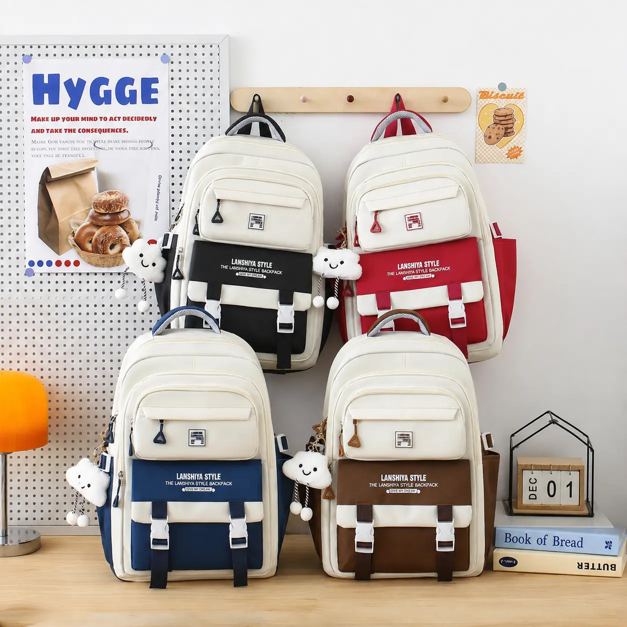 5-Piece School Backpack Tote Pouch Set, Back to School Student Bookbag with Drawstring Bag & Pencil Case, College High School Campus Everyday Carry, Cream Navy，bookbag,school backpack, multiple style,casual daypack backpack,anime backpack,pencil bag