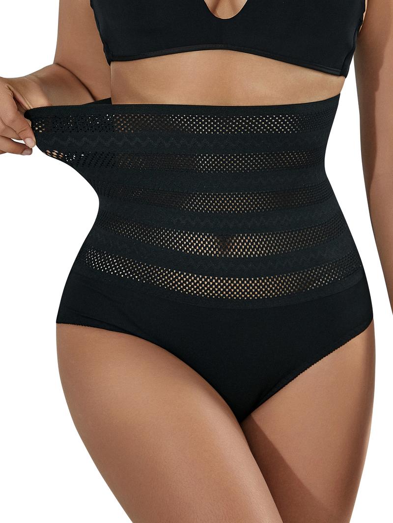 Women's Contrast Mesh High Waist Shapewear Panty, Elegant Solid Breathable Comfortable Underwear, Women Knickers, Tummy Tuck Garment