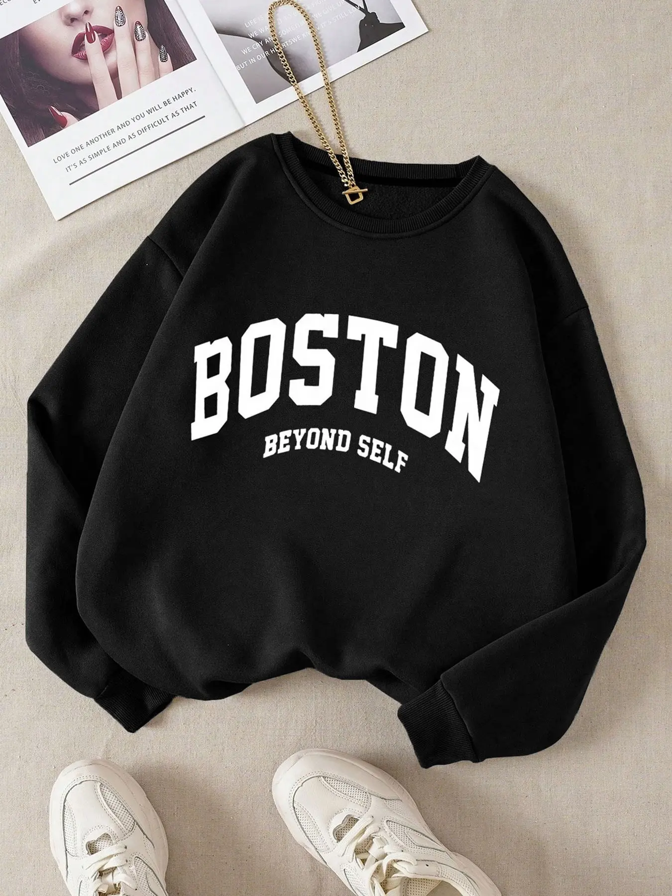 Women Boston Letter Print Crew Neck Sweatshirt, Varsity Casual Pullover, for Daily Wear, Campus, Street Style, Autumn Outing