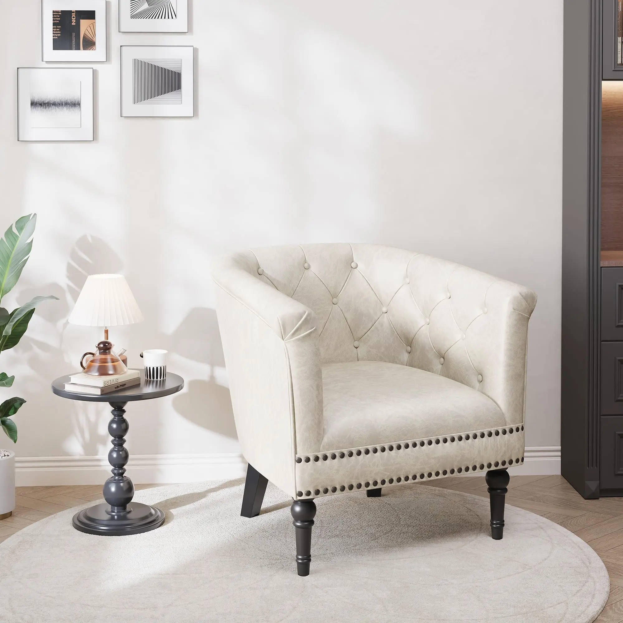 Faux Leather Barrel Accent Chair, Tufted Back with Nailhead Trim, Comfy Upholstered Bucket Chair for Living Room Bedroom Home Office