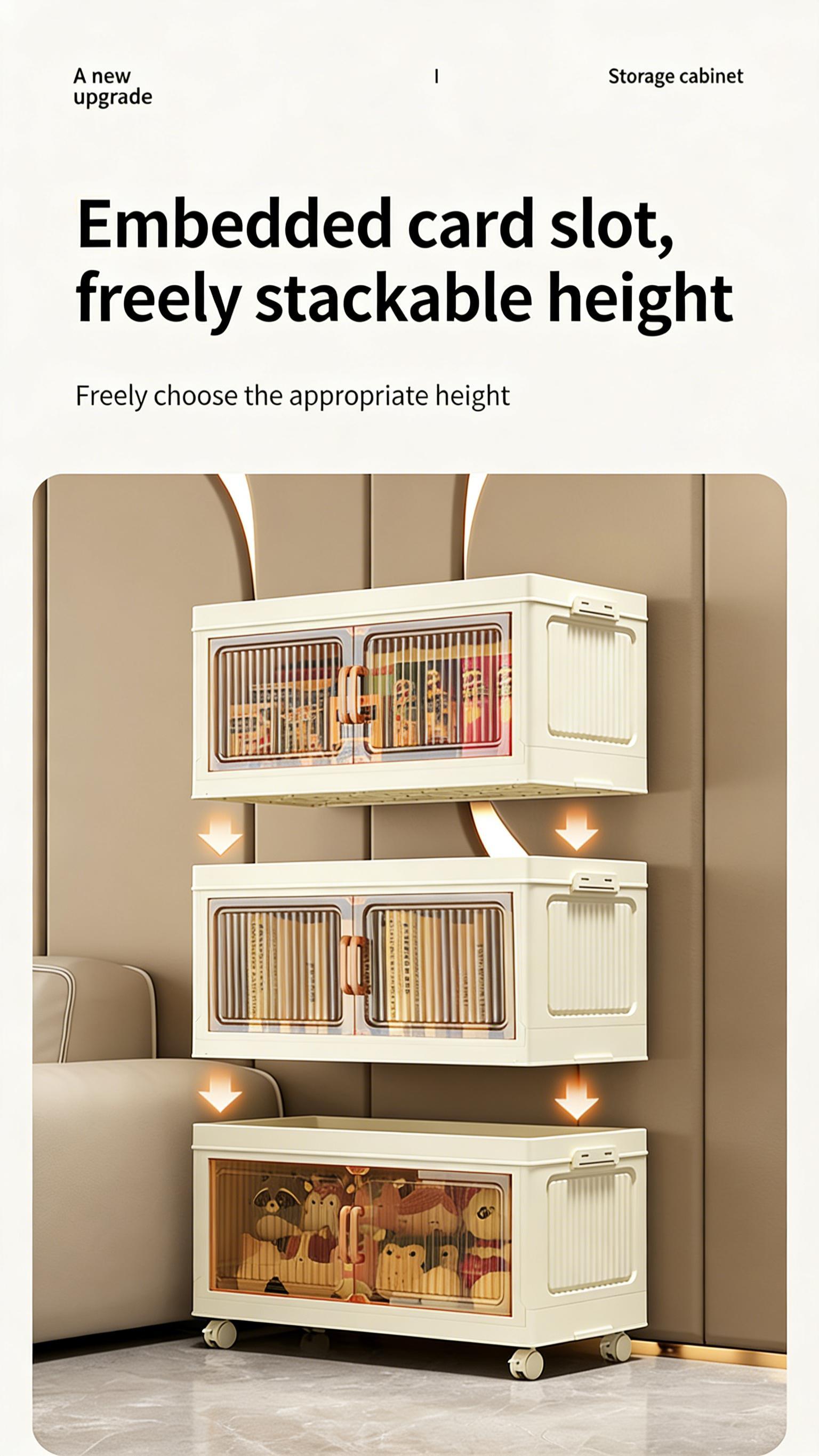 5 Tier Folding Storage Containers with Wheels, Stackable Collapsible Plastic Bins, Durable Organizer for Kitchen Pantry and Closet