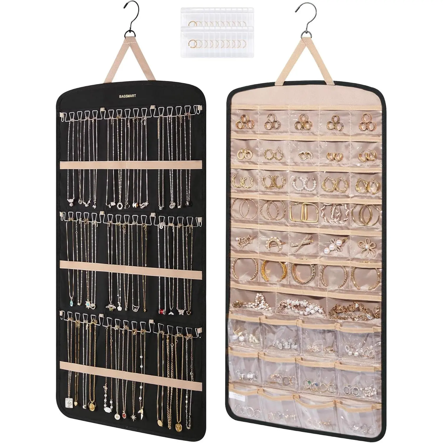 Hanging Jewelry Organizer, Necklace Holder Anti-tangle Earrings Rings Hanger with Pockets Hang on Closet, Wall, Door,1 Piece, Extra Large Black