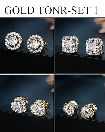 4 Pairs Trendy Sterling Silver CZ Stud Earrings for Women 14K Gold Plated Brilliant Celtic Heart Big Stud Earrings Set Cubic Zirconia Earrings Studs for Sensitive Ear