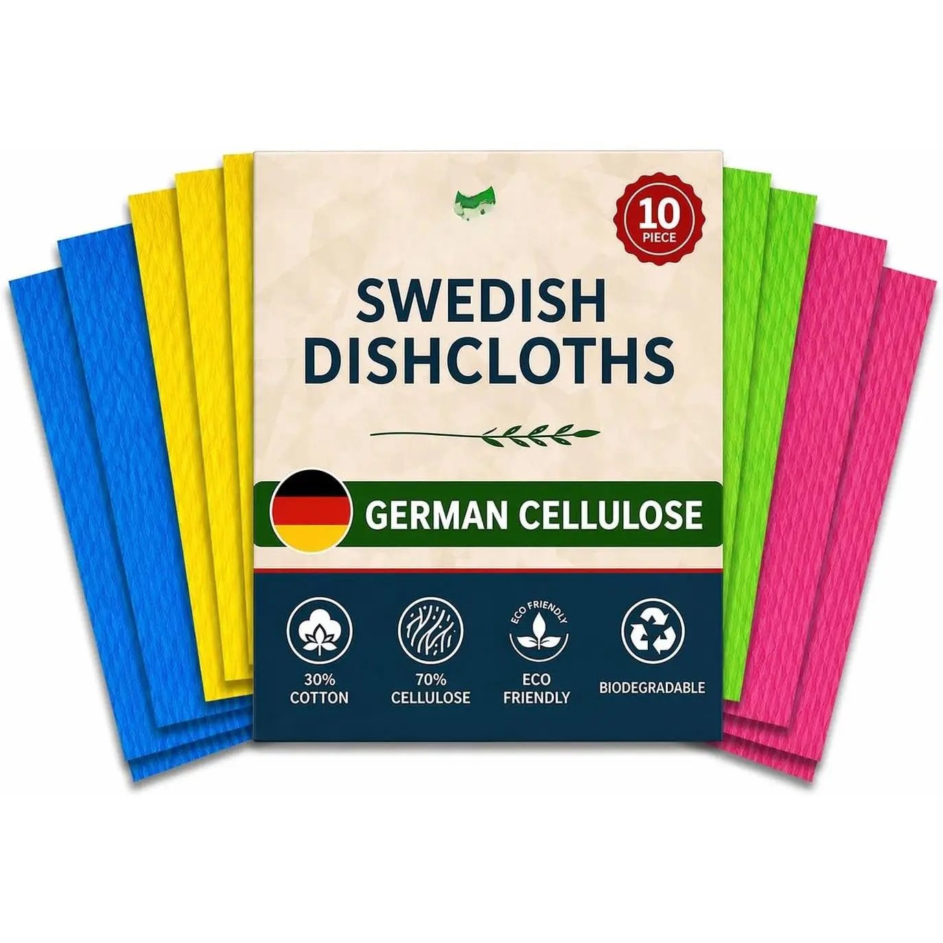 10 count Multicolor Swedish Dishcloths for Kitchen, Washable  Cellulose | 70% Cellulose 30% , Ultra Absorbent  Cleaning Cloths,   Paper Towel Alternative, Odor Free