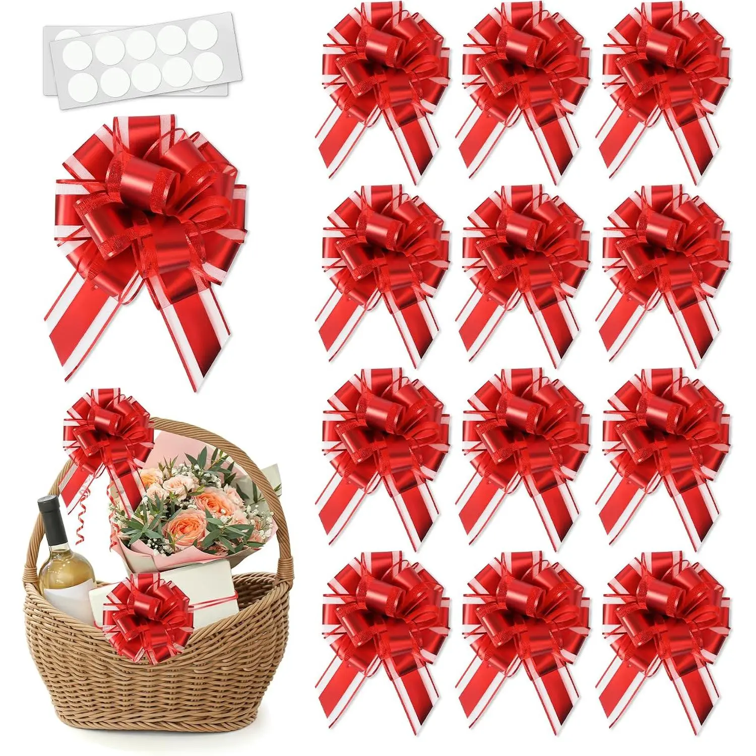 12 count Pull Bows for  Wrapping, 7 Inch Multiple Colors Big  Bows with 20 Self-Adhesive Dots,  Ribbon Bows for Wrapping Boxes, Baskets, Weddings, Birthdays & Flower Decorations, Red