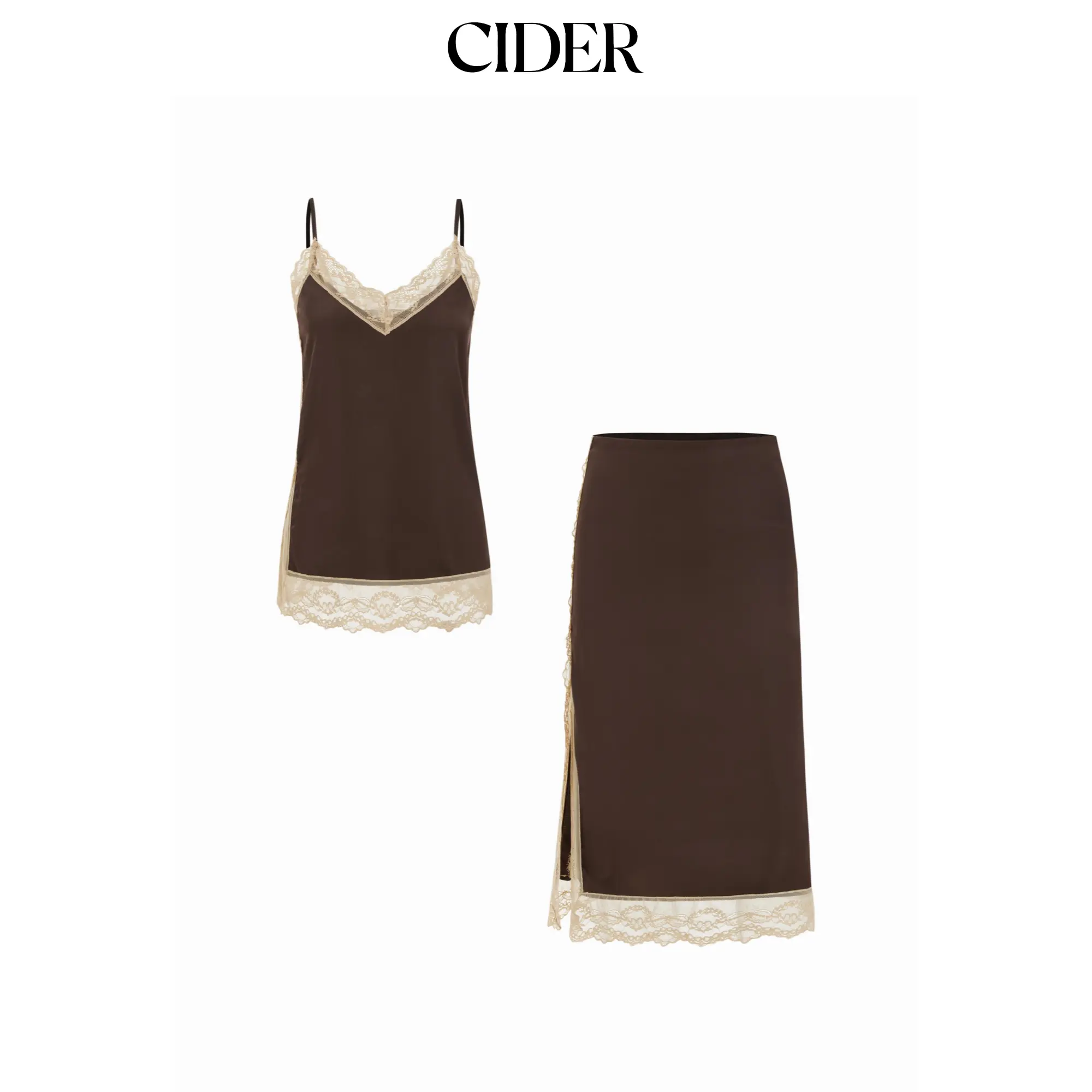 Cider Satin Lace Panel Cami Top & Mid Rise Pencil Midi Skirt Set Womenswear Clothes SohoChic