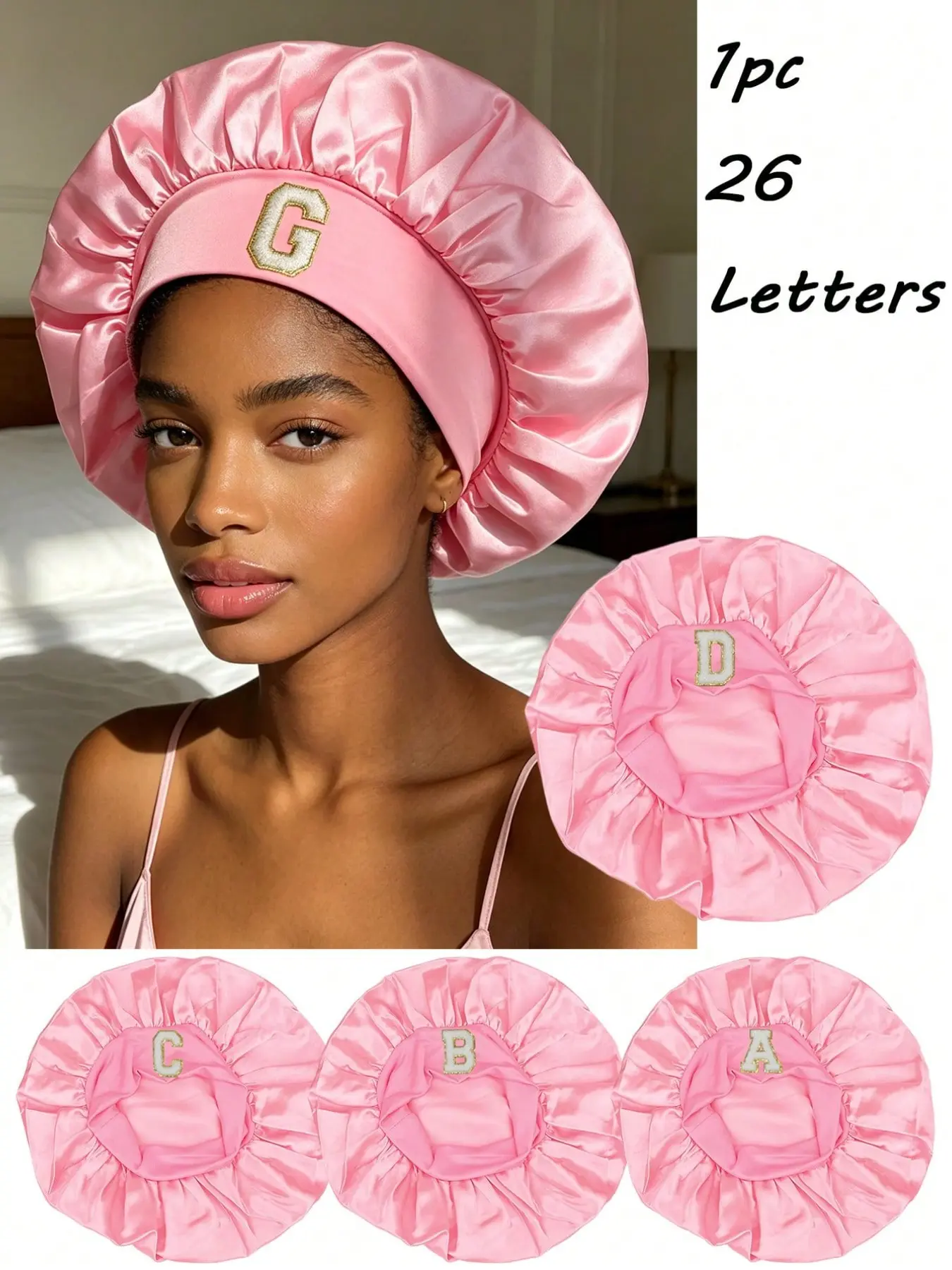 1PC Pink Sleep Bonnet With Custom A-Z Letter Prints, Compact Travel-Friendly Hair Cover, Flexible Multi-Use Hair Wrap For Daily Beauty Routines And Hairstyle Care, Heartwarming Present For Friends For Graduation And New Year