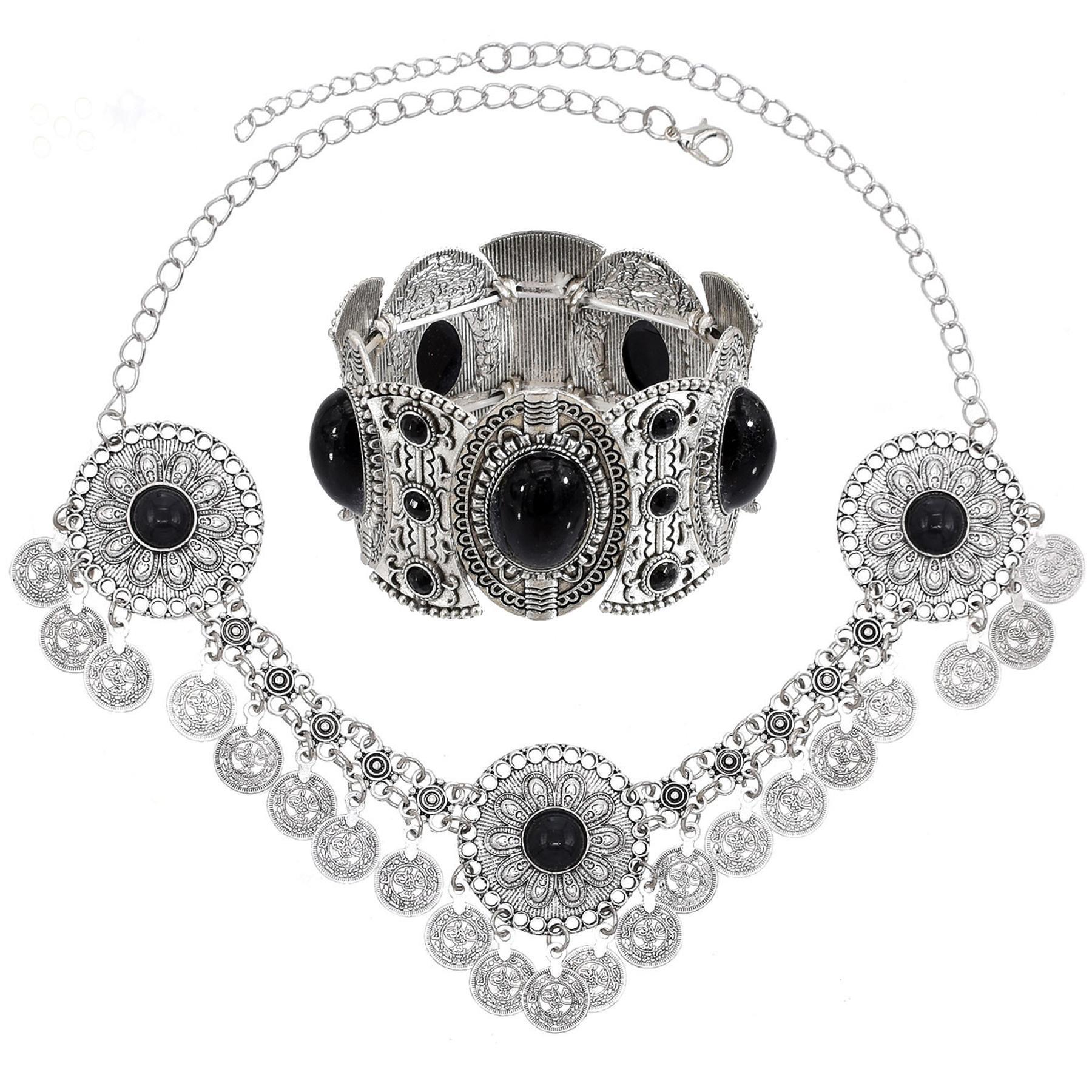 Traditional Kazakhstan Ethnic Coins Bracelet Hair Accessories  for Women Vintage Nepalese Tibetan Clothing Headwear Jewelry Set