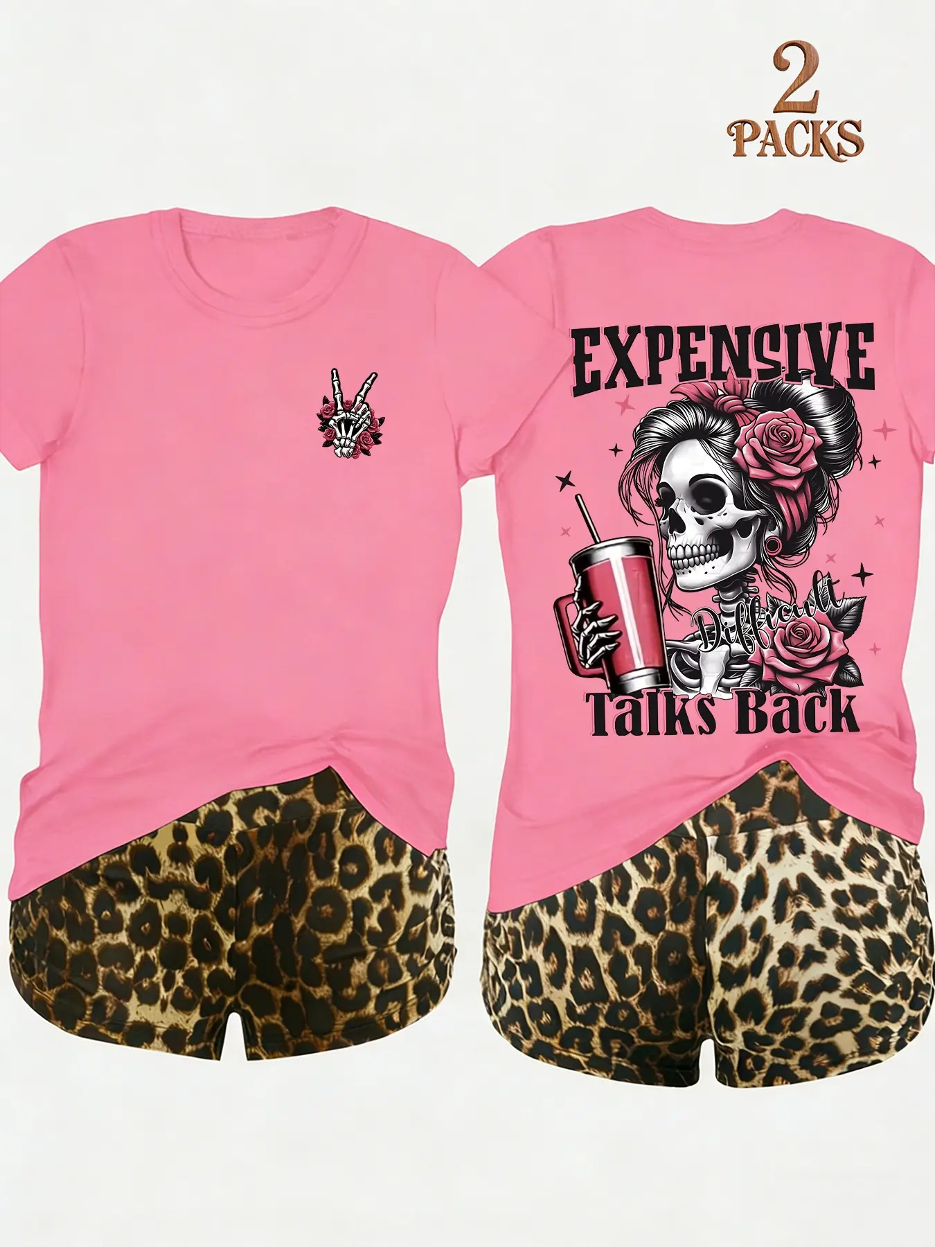 Two-Piece Value Set, Leopard Print Shorts with Short Sleeve T-Shirt, High-Waisted Leopard Print Shorts, Skull Girl Print, Comfortable Choice, Casual