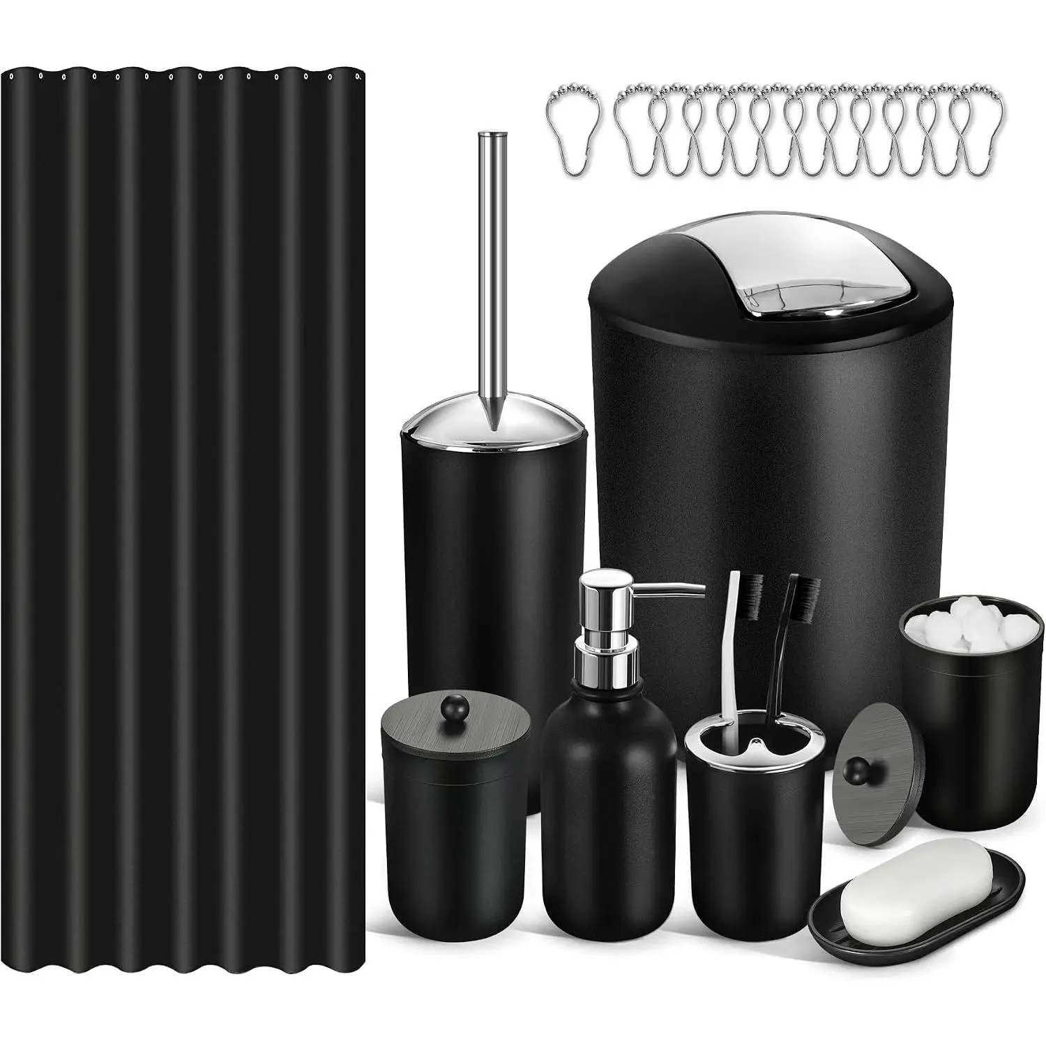 Bathroom Set, 20Pcs Bathroom Shower Curtain Sets with Hooks, Black Bathroom Accessories Set with Trash Can, Bathroom Accessories Sets Complete with Shower Curtain Set, Bathroom Accessory Set