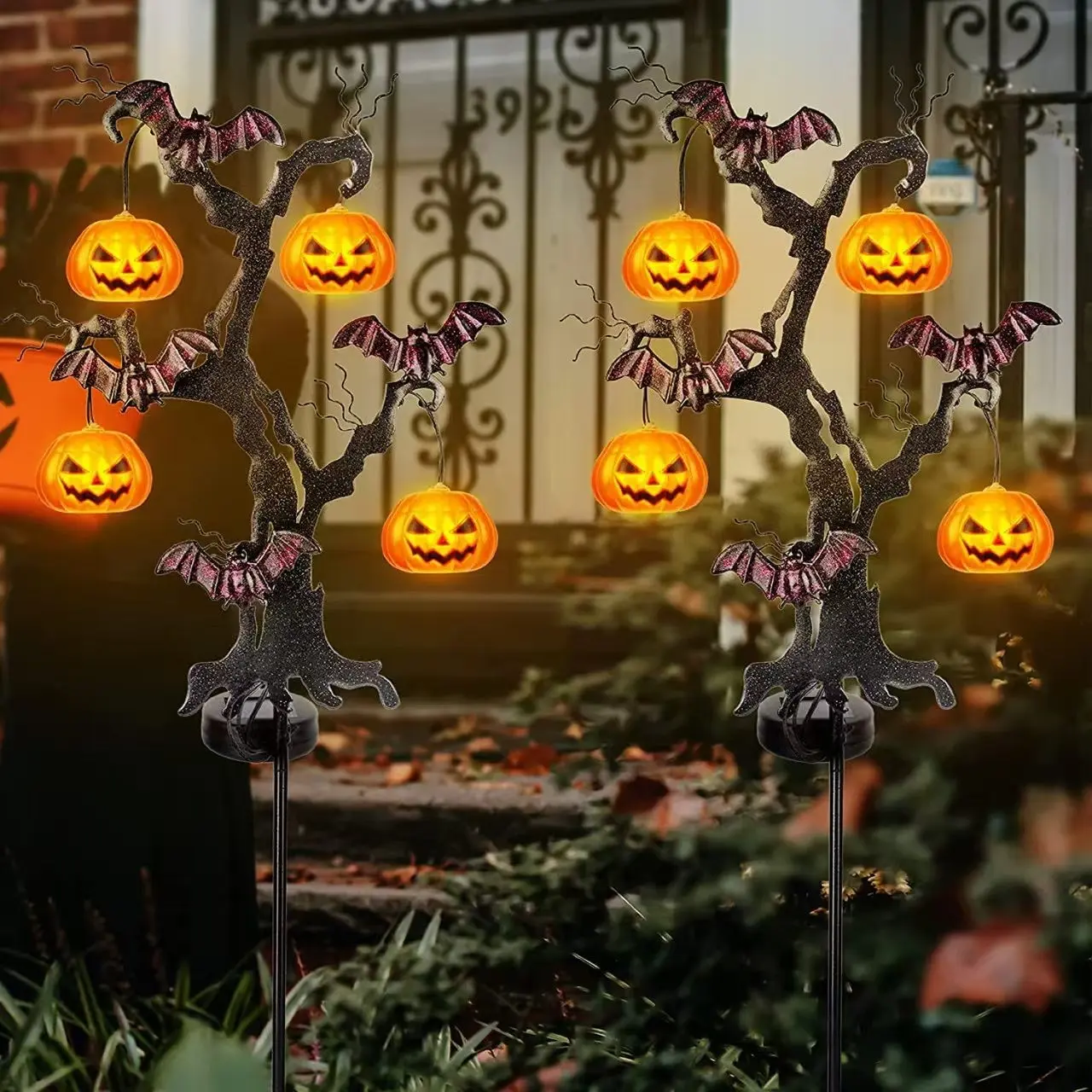 Halloween Iron Pumpkin Tree Bat Solar Stake Light, Outdoor Waterproof Motion Sensor Garden Decor, Halloween Atmosphere Landscape Lamp, Outdoor Decorations