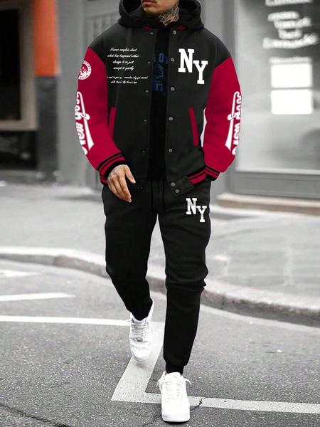 Men's Letter Print Baseball Jacket & Sweatpants Two-Piece Set, Regular Fit Casual Fashion Cozy Breathable Two Piece Outfits for Daily Outdoor Wear, Men Clothes for Fall & Winter