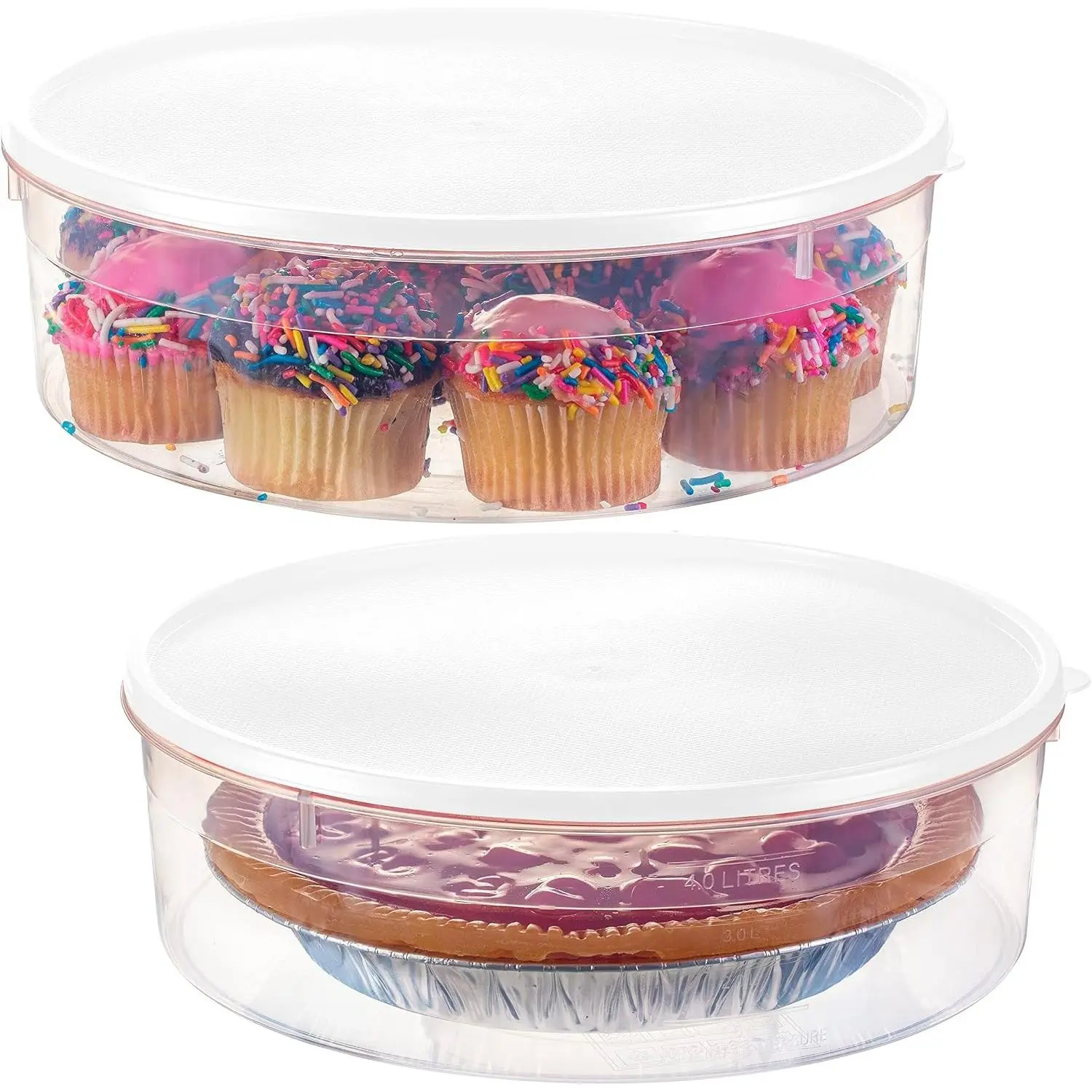 2 Pack Plastic Round Food Storage Containers with Lid, 10.5" Covered Pie Keeper, Christmas Cookie, Cupcake Carrier, Cheesecake Holder, White