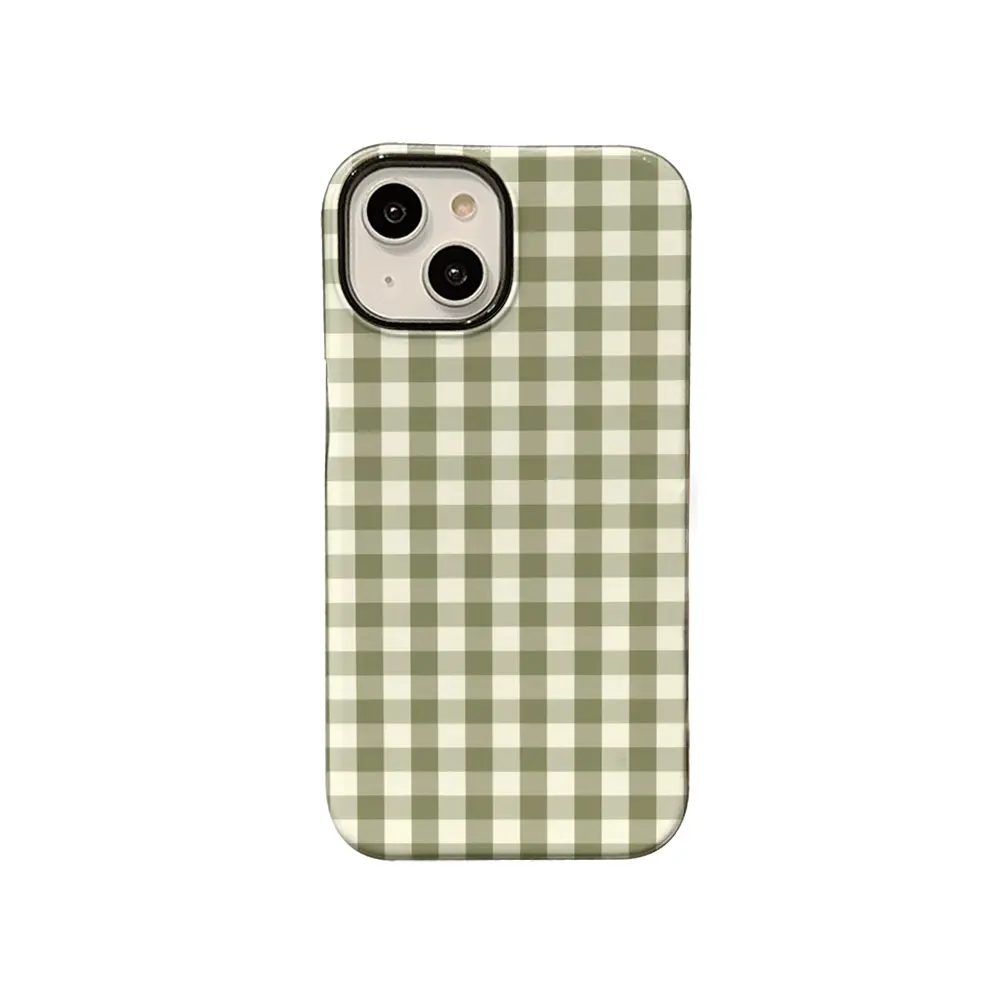 Olive Green & Beige Gingham Plaid Glossy Finish Phone Case - Retro Forest Style Custom Casing for iPhone 17,16,15,14,13,12,11 Plus Pro Max, Handheld Protection Device, Phone Accessories Gift