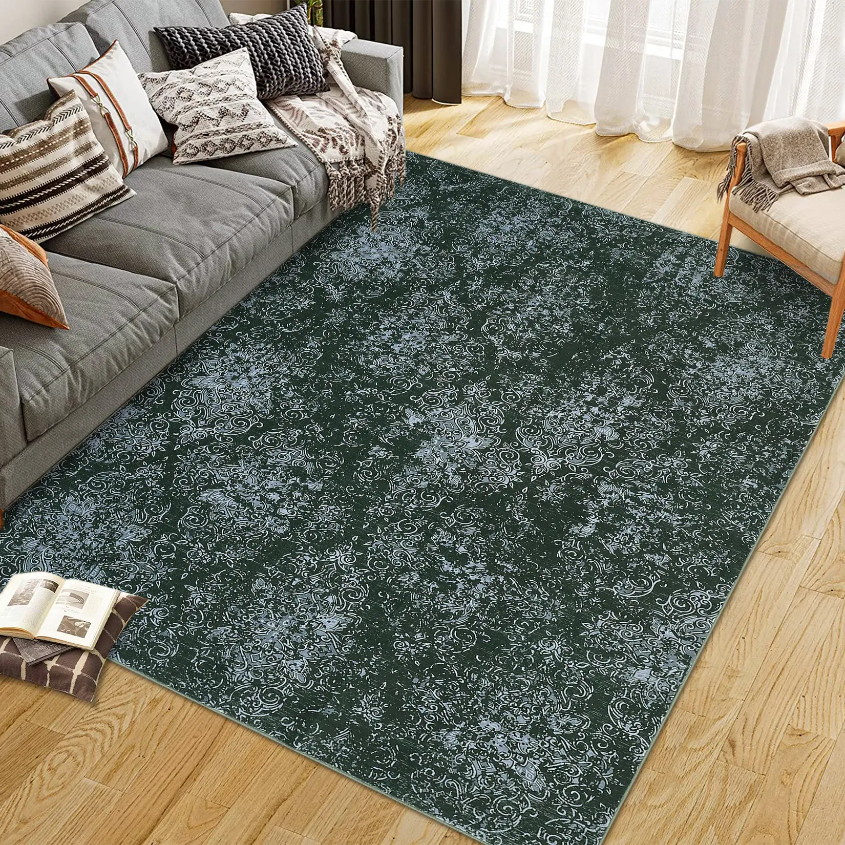 Boho Botanical Area Rug - Machine Washable Indoor Carpet with Non-Slip Backing, Vintage Floral Print for Bedroom