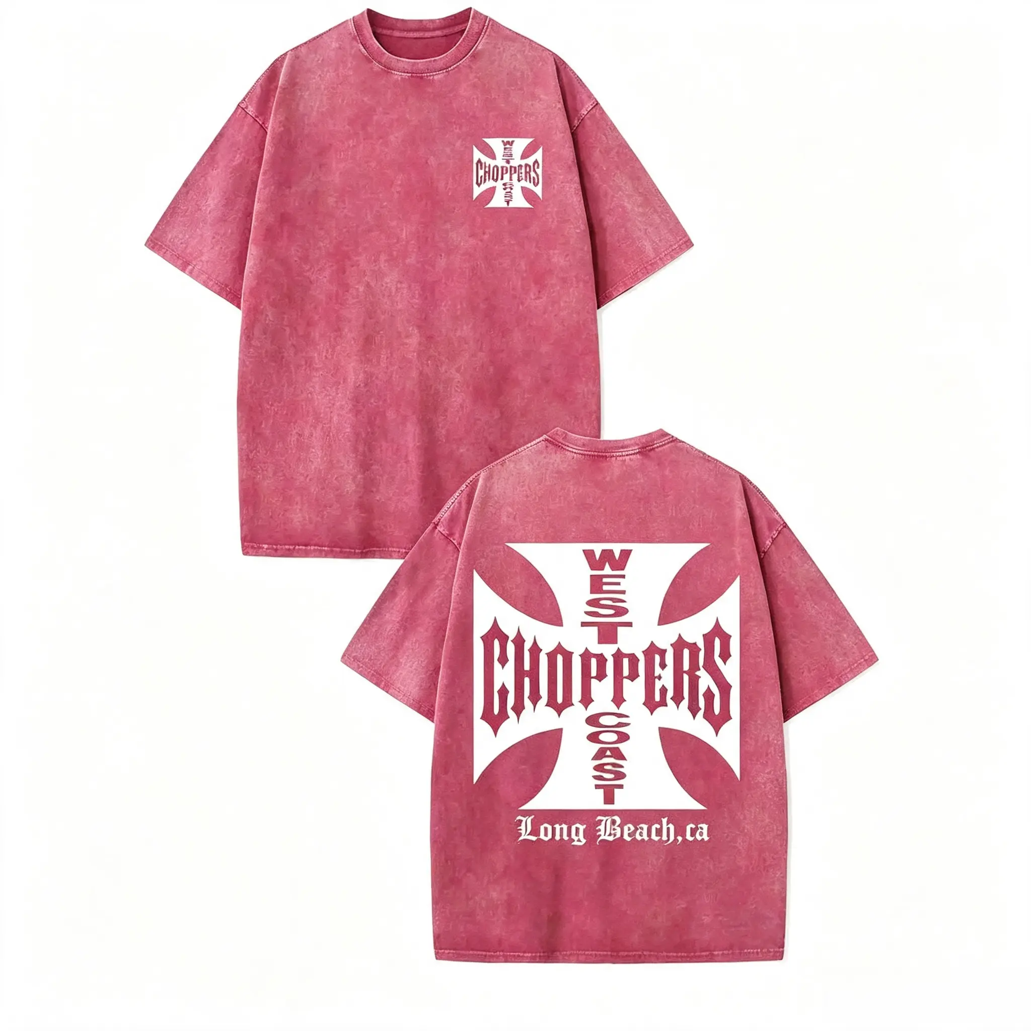 Double Side West Coast Choppers Long Beach Iron Cross Logo Washed Black Crew Neck Short Sleeve Unisex Top, Casual Daily Outfit T-Shirt For Chopper Bike Fans Men And Women