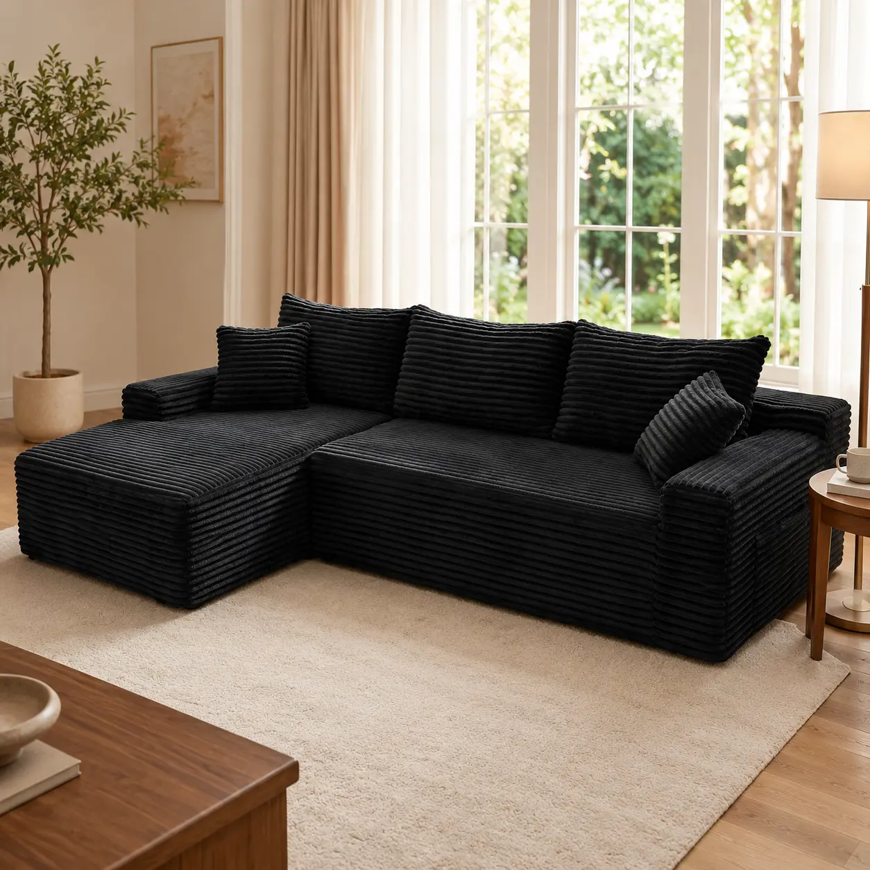 Cloud Couch Sofa in a Box, 106.3" Black Corduroy L Shaped Couch, Modular Sectional Sofa with Reversible Chaise, Deep Seat Compressed Sofa, No Assembly Required