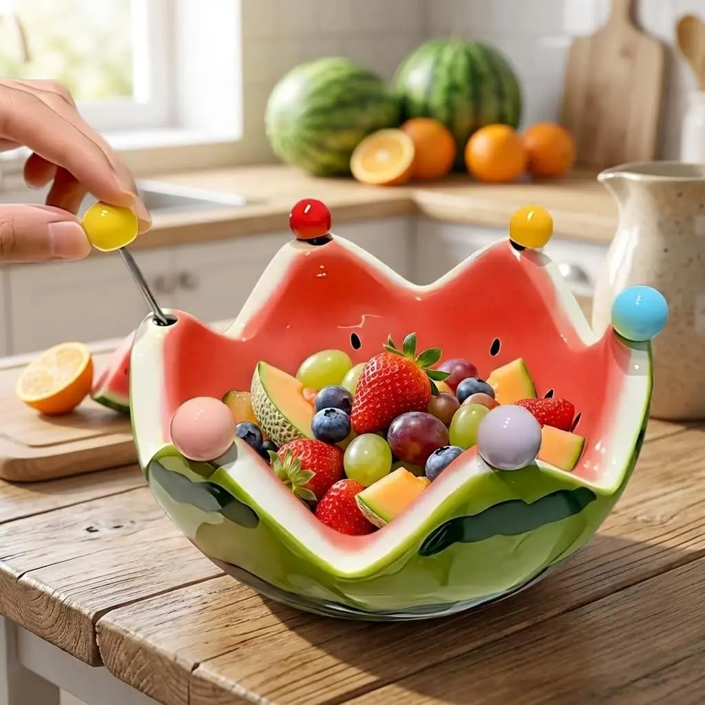 Creative Fruit Shaped Ceramic Bowl with 6 Fruit Forks, Multi-Use Crown Fruit Bowl, Perfect Summer Snack Tray for Desserts, Salads, and Snacks, Ceramic Food Bowls
