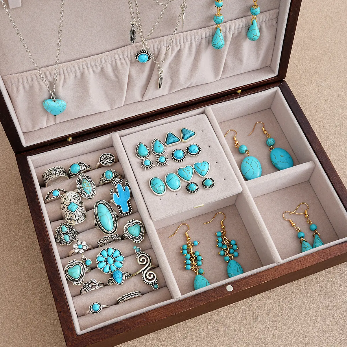 34-piece set including necklace, earrings and ring | Stylish Western jewelry set adorned with elegant turquoise, stackable jewelry perfect for everyday wear, party accessories and casual date ladies' accessories (box not included)., Fashion Jewelry Set, C