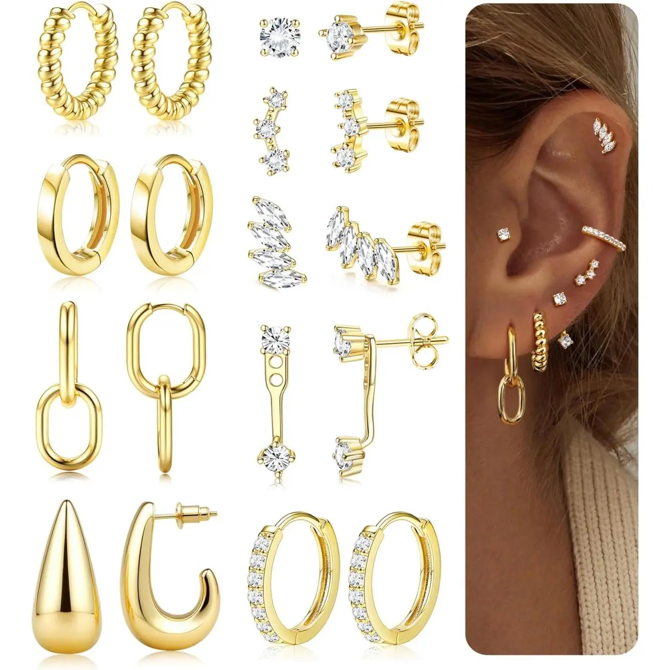 Hypoallergenic 14K Gold Plated Hoop Earring Stacks for Women - Huggie Stud Hoop Earrings Small Stainless Steel Cartilage Earring Sets for Multiple Piercing Lightweight 9Pairs